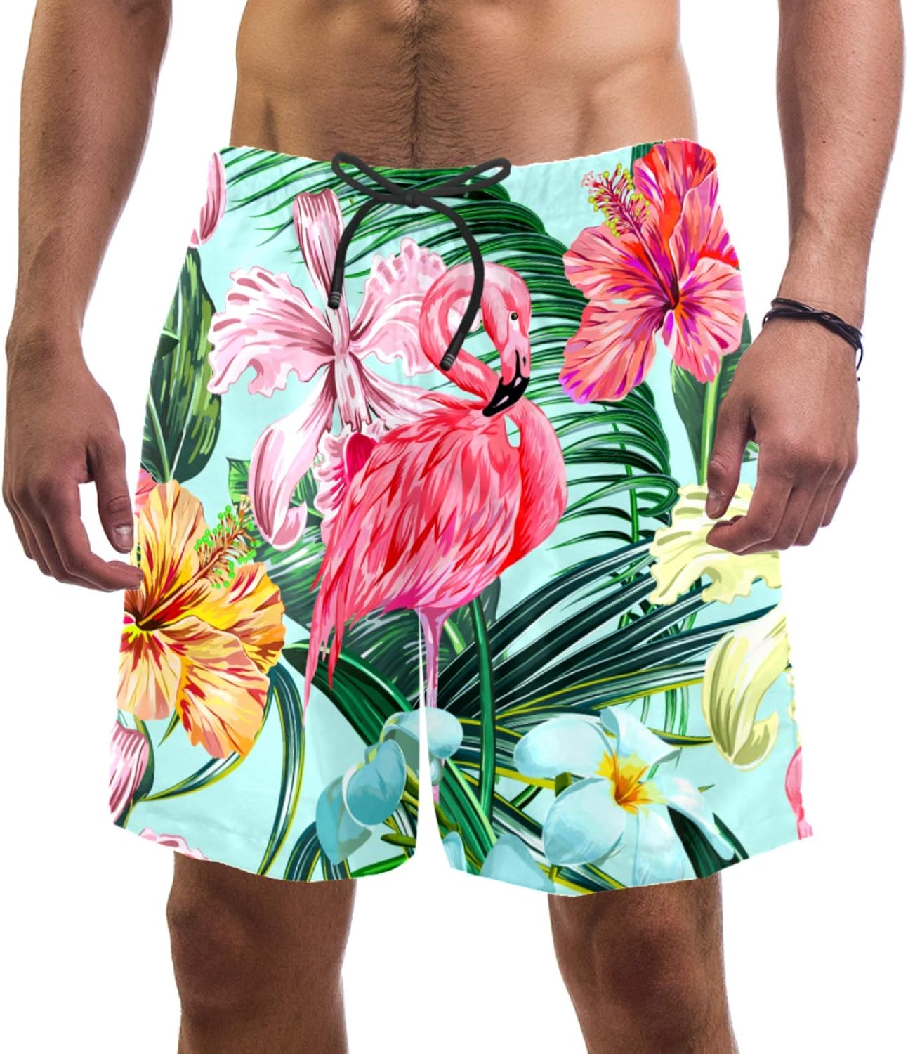 Flamingo Floral Pattern Swim Shorts for Men Swim Trunks Men