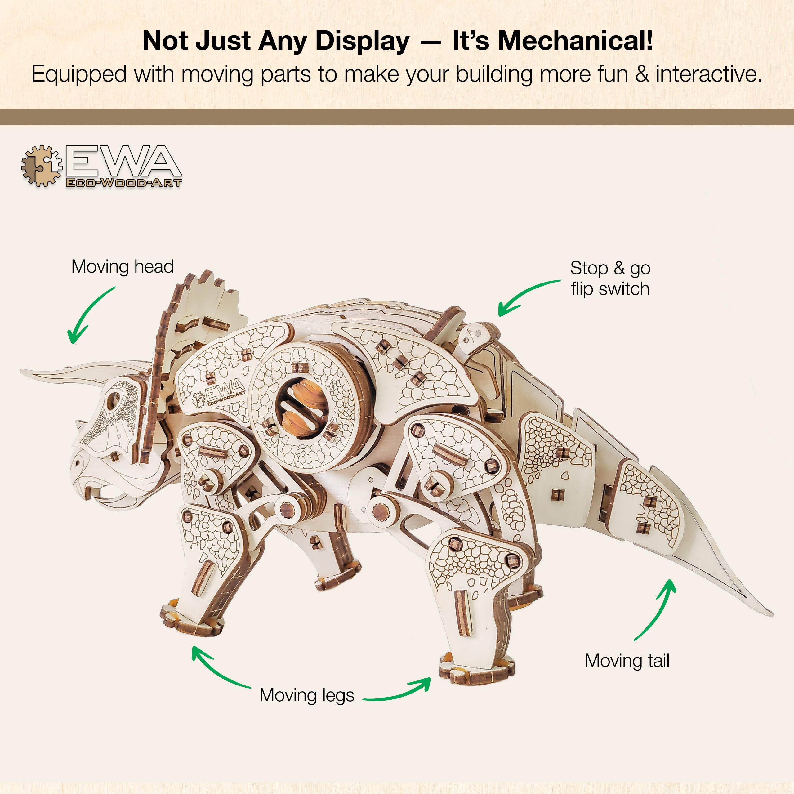 EWA Eco-Wood-Art - Triceratops de Dinosaurio - Rompecabezas mecánico 3D de Madera - Rompecabezas para Adultos y Adolescentes - Montaje sin Pegamento - 283 Piezas