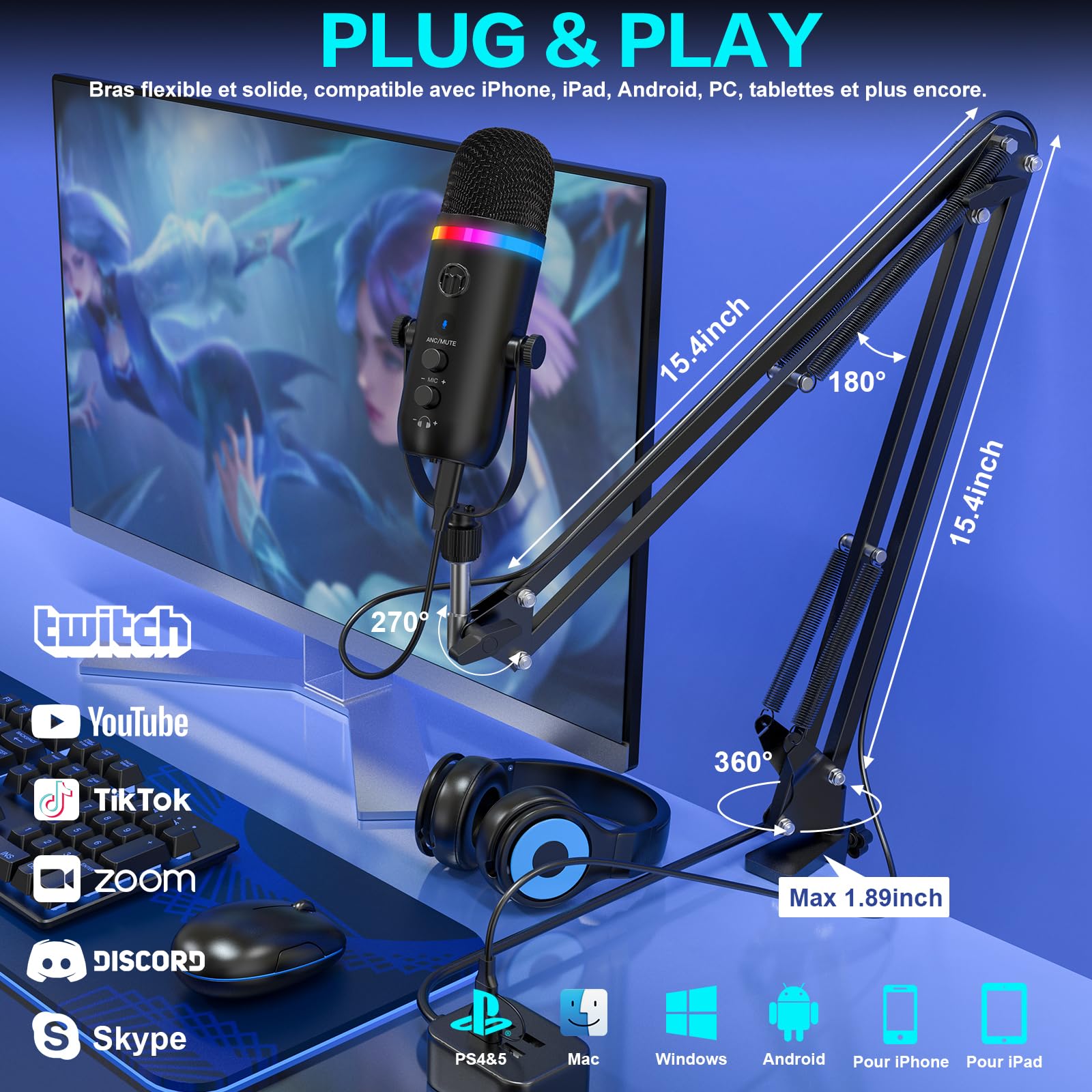 zealsound RGB Micro Gaming avec Bras, et Réduction de Bruit pour PC Telephone PS4/5, USB Microphone à Condensateur pour Podcast, Streaming, Twitch, Youtube, Discord, aevc Bouton de Silence et Gain