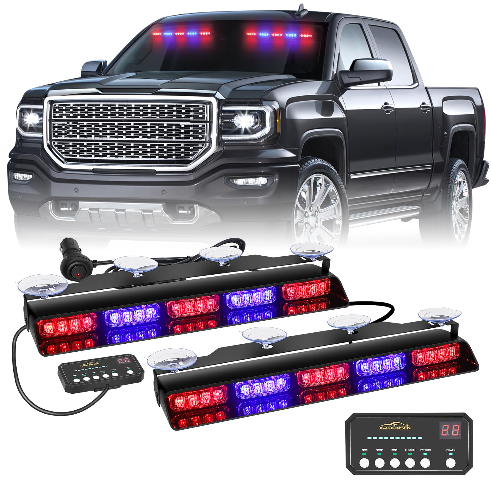 XRIDONSEN 2x 17 inch Emergency Dash Police Lights Red Blue Police Light Bar 40 LED Interior Front/Rear Windshield Strobe Lights Safety Flashing Warning Hazard w/Suction Cups for Vehicles Trucks Car