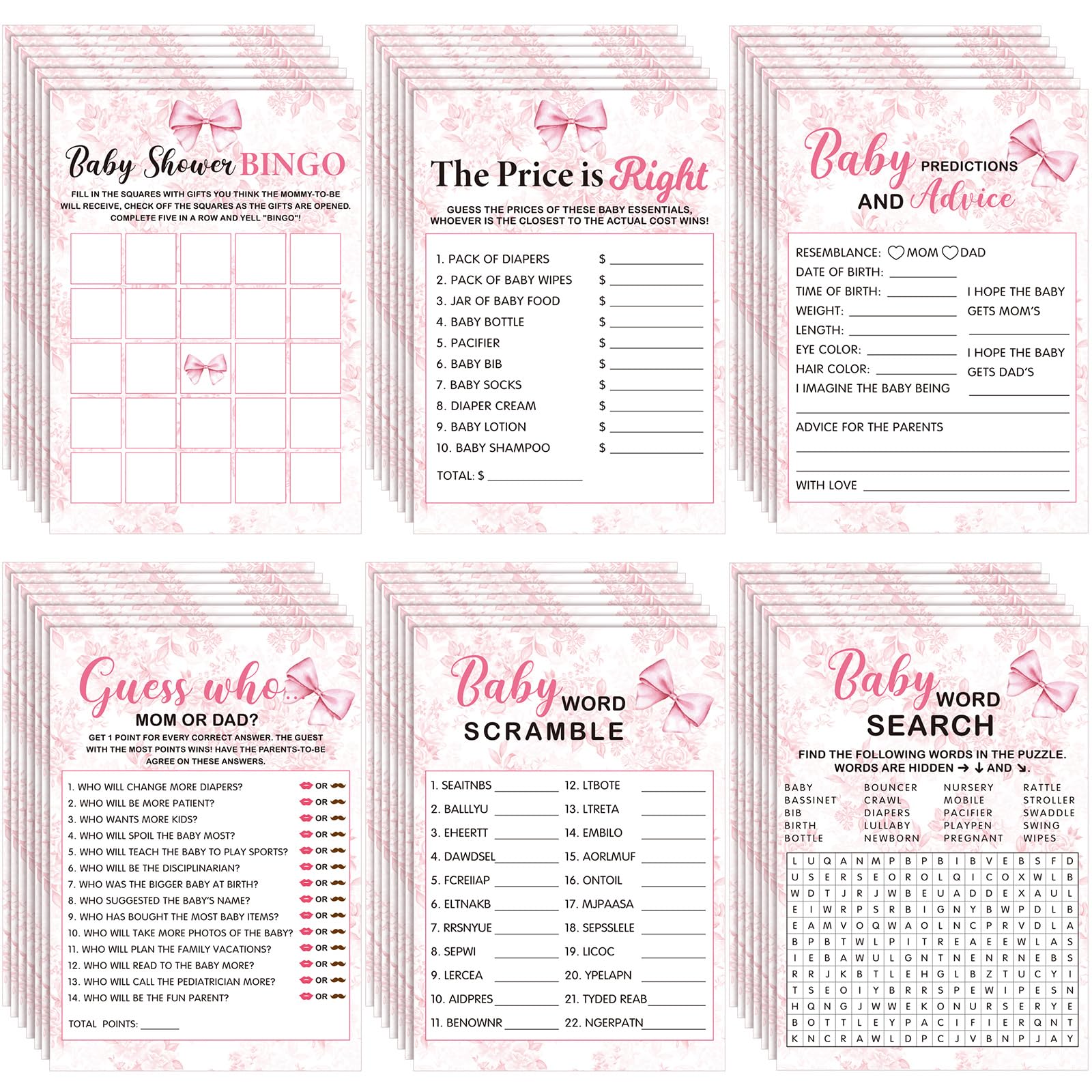 Jetec 302 Pcs Baby Shower Games, 6 Games,50 Sheets Each, Coquette Pink Bow