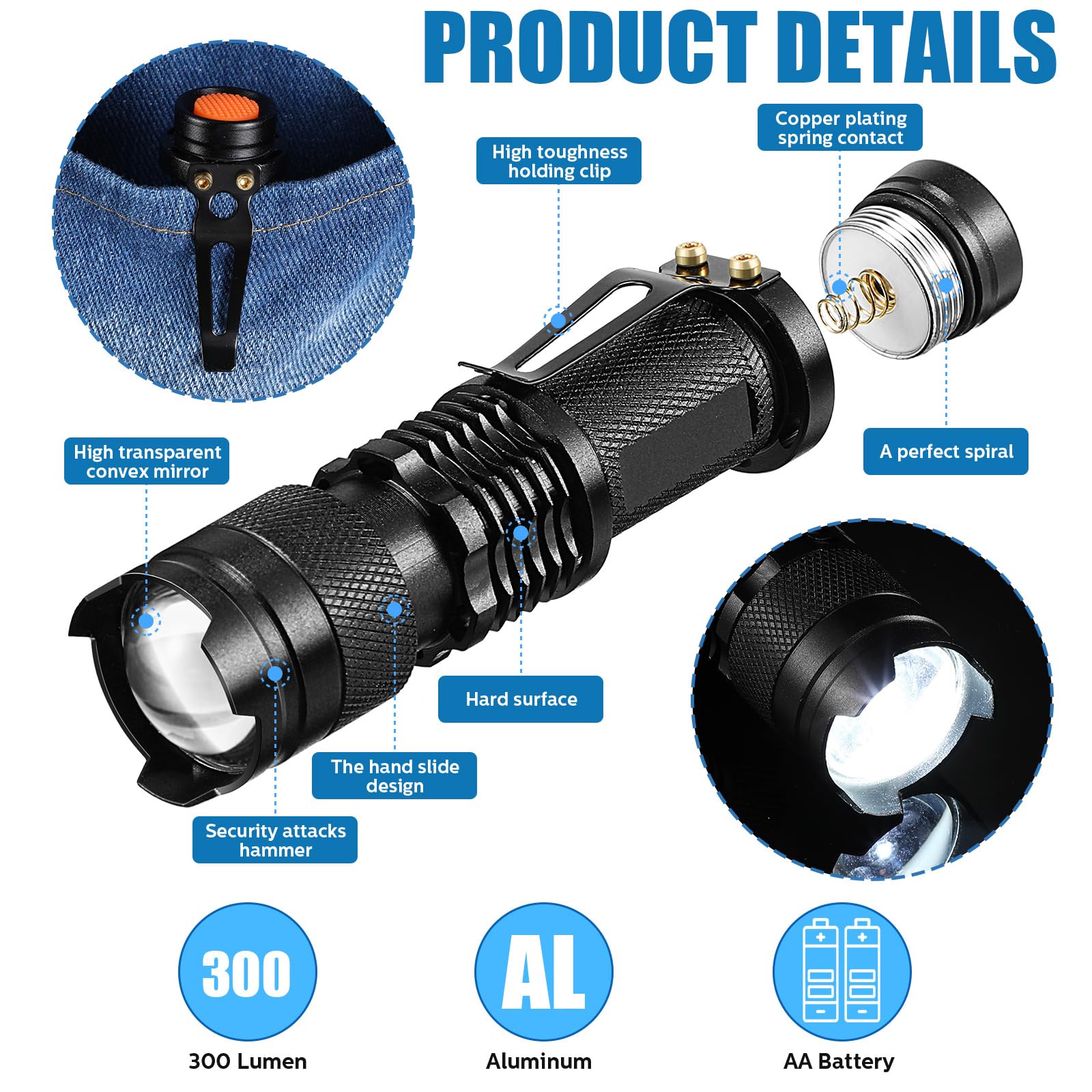 Tujoe Paquete de 30 mini linternas LED de 260 lúmenes, linterna táctica de bolsillo, enfoque ajustable, zoom Sk68, 3 modos, linterna LED pequeña de mano para emergencia, camping, senderismo, viajes
