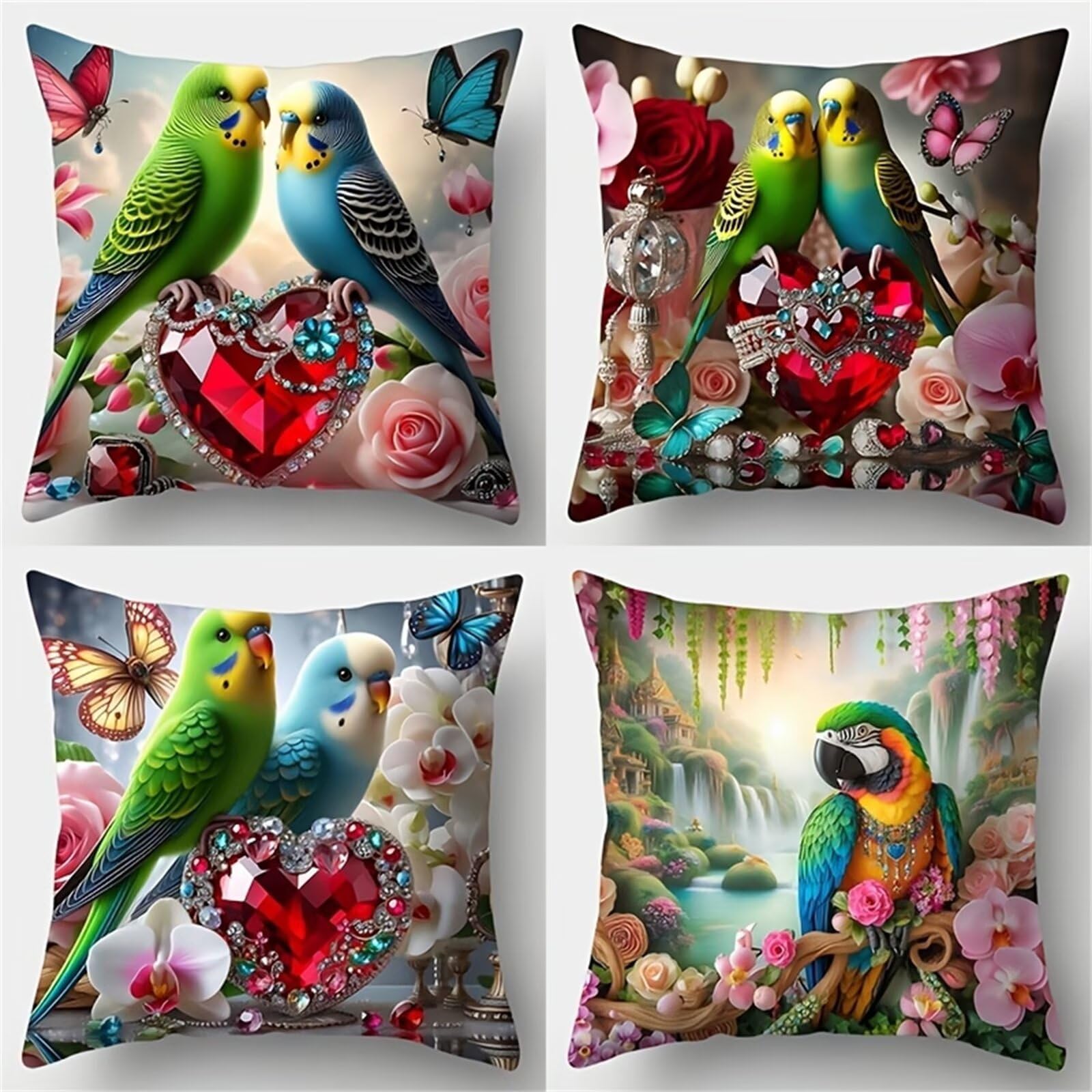 Fundas de Cojines 70x70 cm, Juego de 4 Fundas para Cojines Decorativas de Lino, Loros Mariposa, Fundas de Almohada para Sofá, Silla y Decoración de Interiores