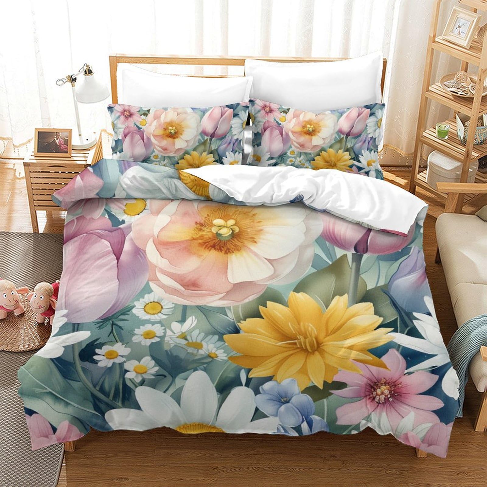 Housses de couettes fleurs 3D pour lit double 200x200 parure de lit microfibre douce