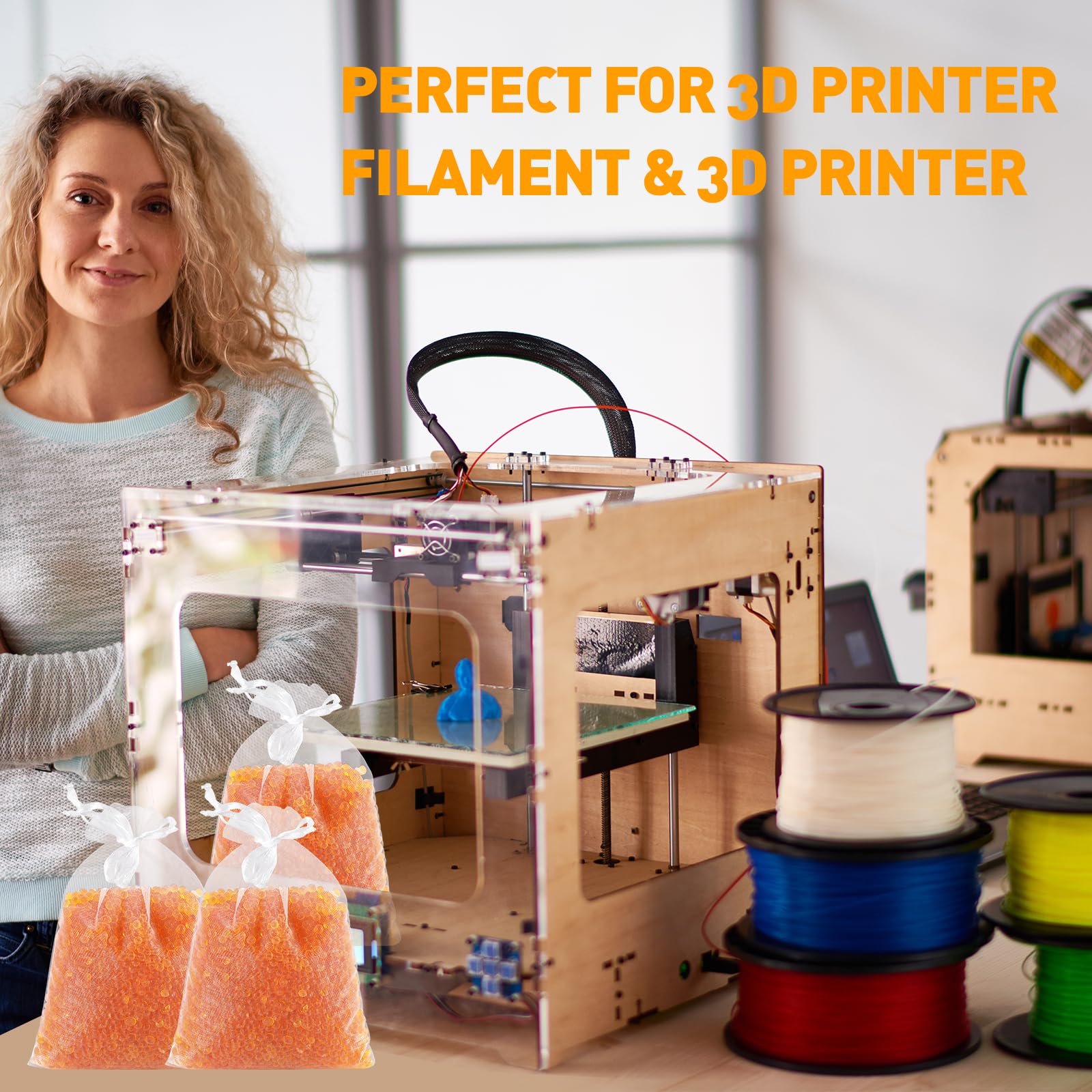TUXIYA Cuentas desecantes de gel de sílice indicadoras naranjas de 8 libras (estándar de la industria de 3 a 5 mm), cuentas de gel de sílice recargables para filamento 3D, dispositivos electrónicos