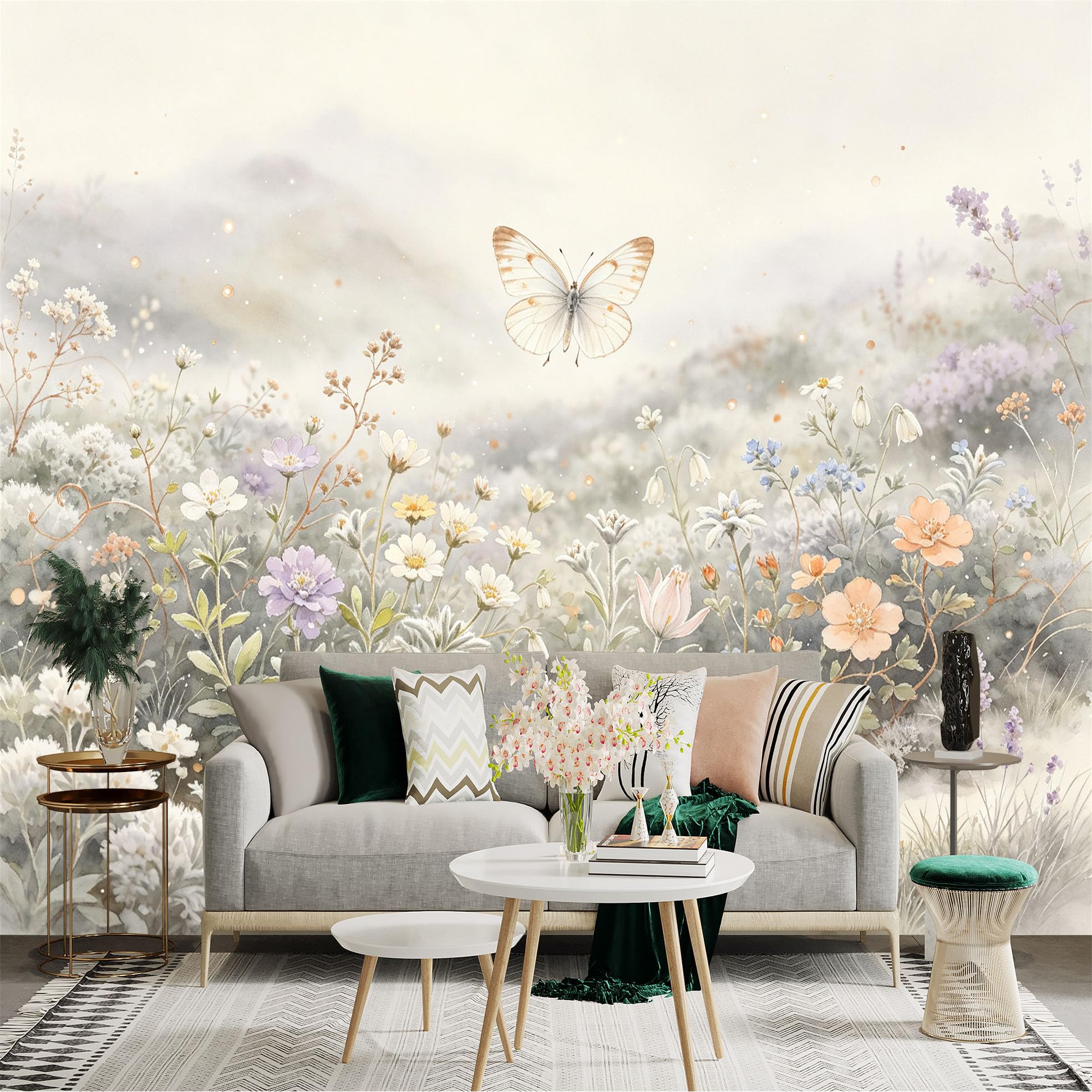 Lnzczhyre Bh260719500 Custom Size Wall Sticker Mural， Watercolor Butterfly In Soft Spring Meadow， Elegant Pastel Floral Landscape， For Wall Decoration， Peelandstick Wall Decals.