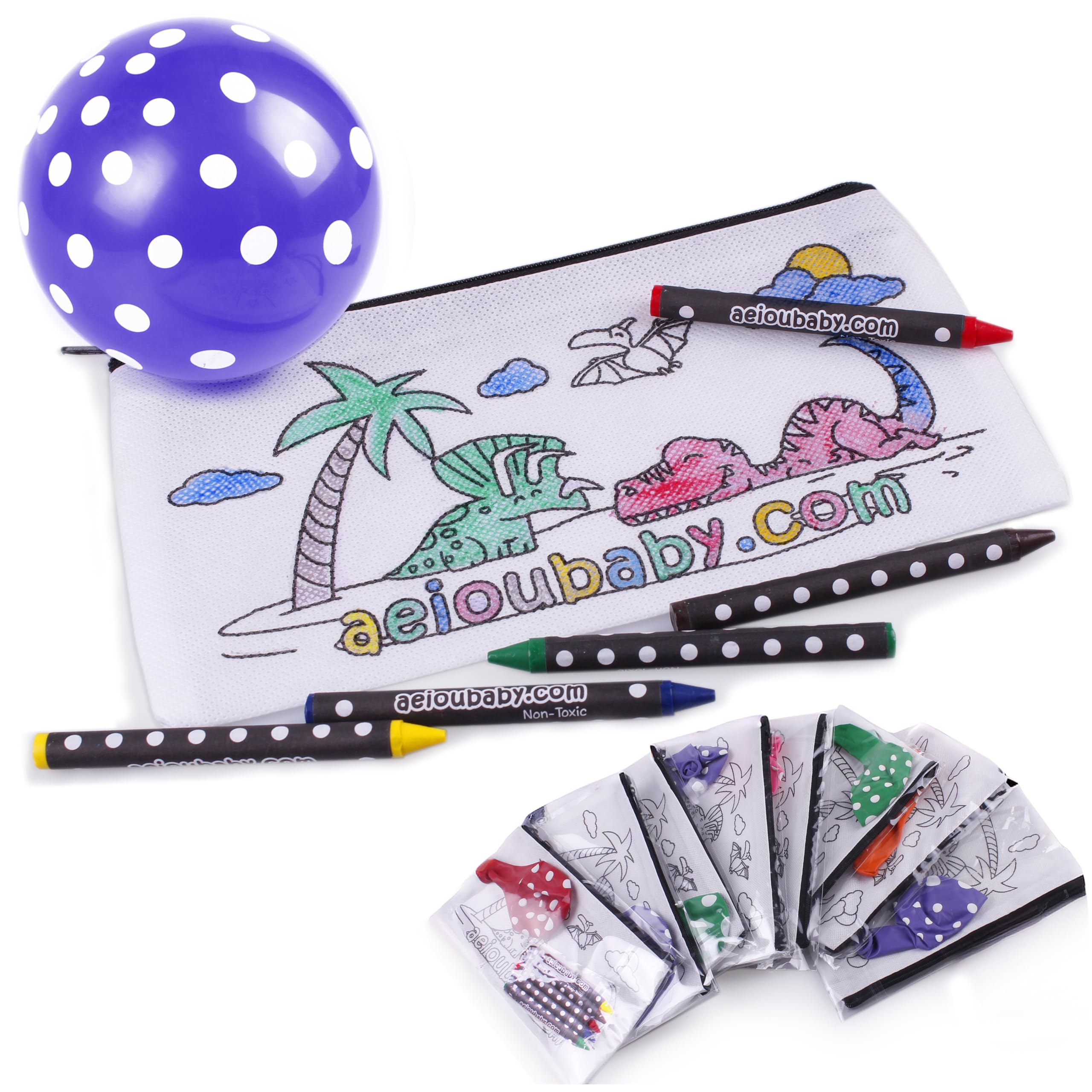 aeioubaby.com 10 Pencil Cases Color Your Own | 10 Individual Bags with 5 Coloured Crayons and a Balloon | Children's Gift for Parties and Birthdays (Dinosaur)
