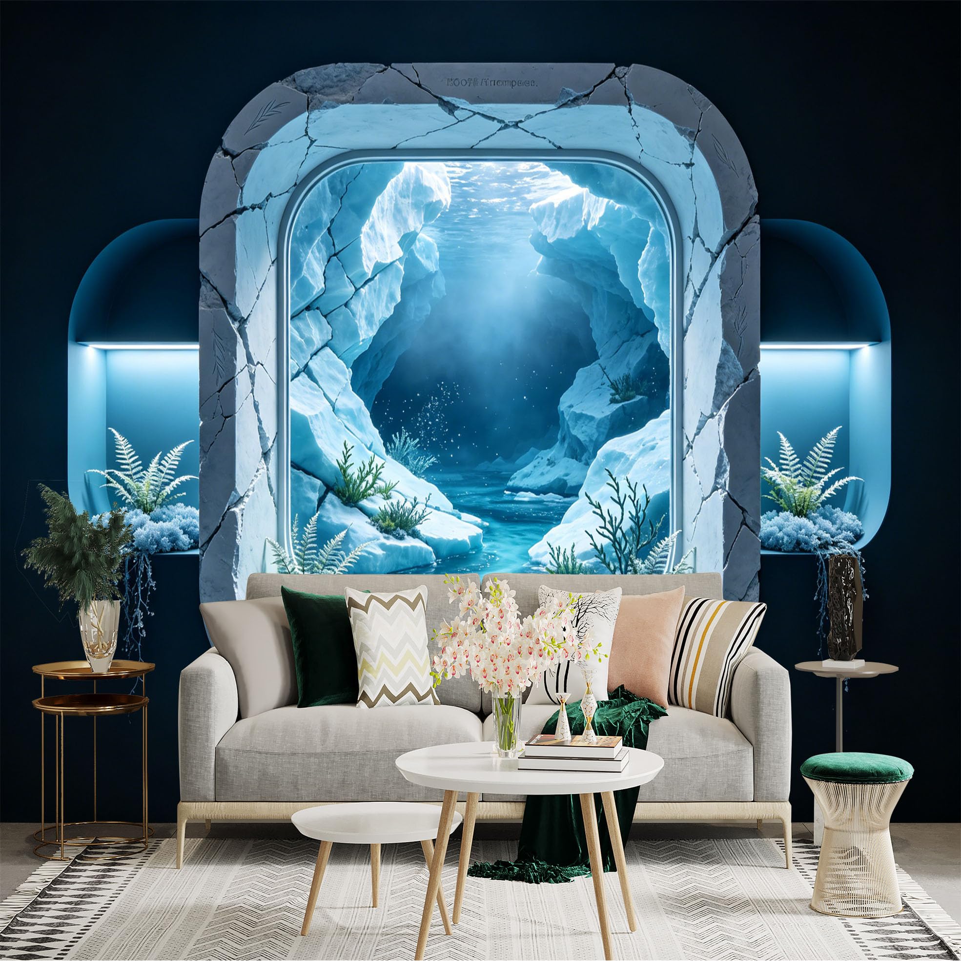 Custom Size Wall Sticker Mural， Underwater Ice Cave with Blue Ocean and Frozen Rocks， for wall Decoration， peelandstick wall Decals.