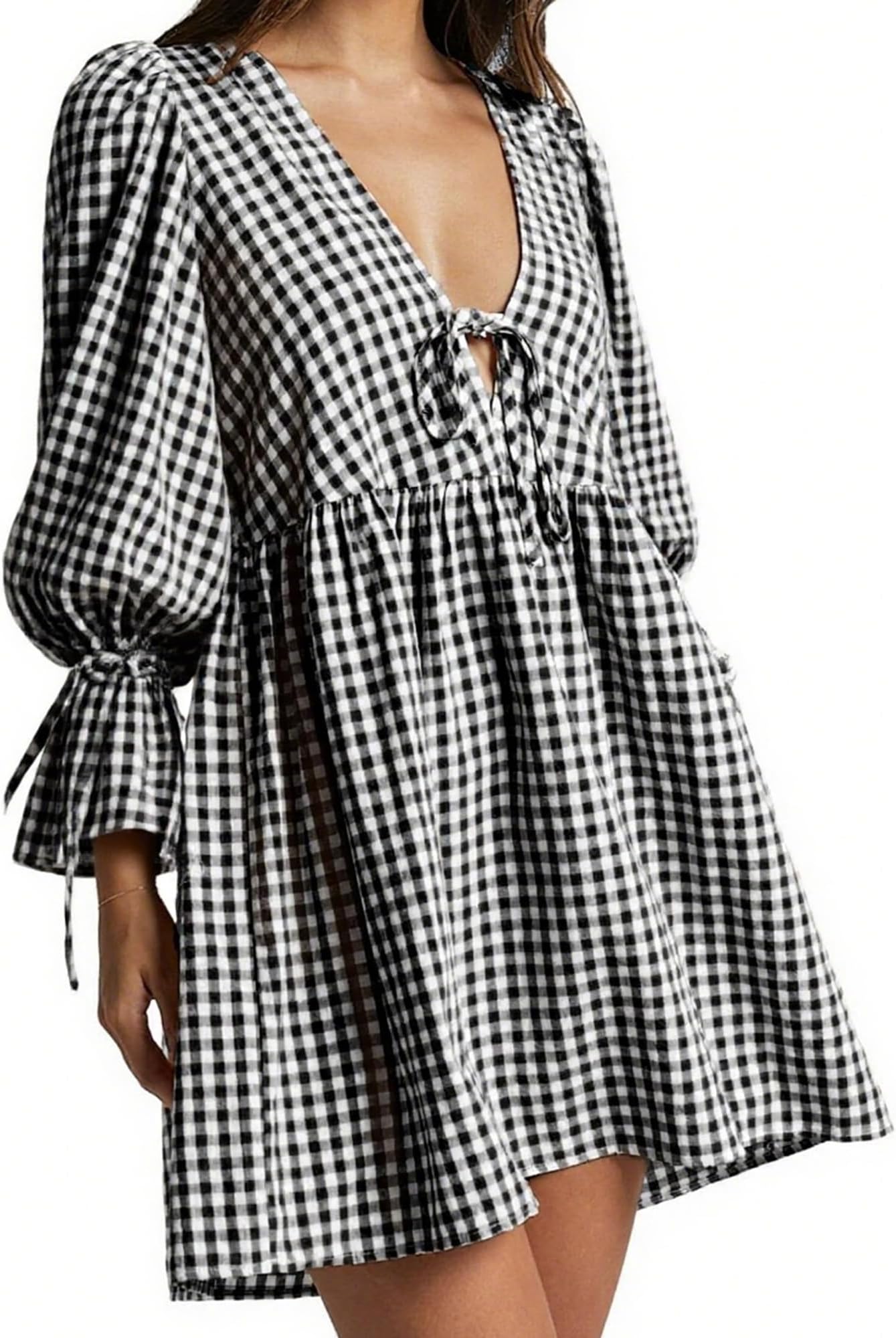 Women Gingham Mini Dress Puff Sleeve Tie Front Babydoll Checkered Dress