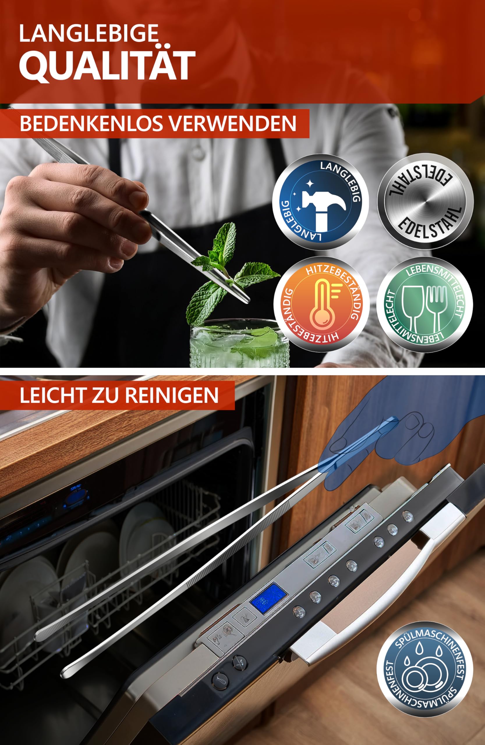 Menz Kookpincet - kooktang roestvrij staal, pincet keuken 30 cm, ronde grillpincet voor koken en braden, keukenpincet voor keuken, camping, BBQ