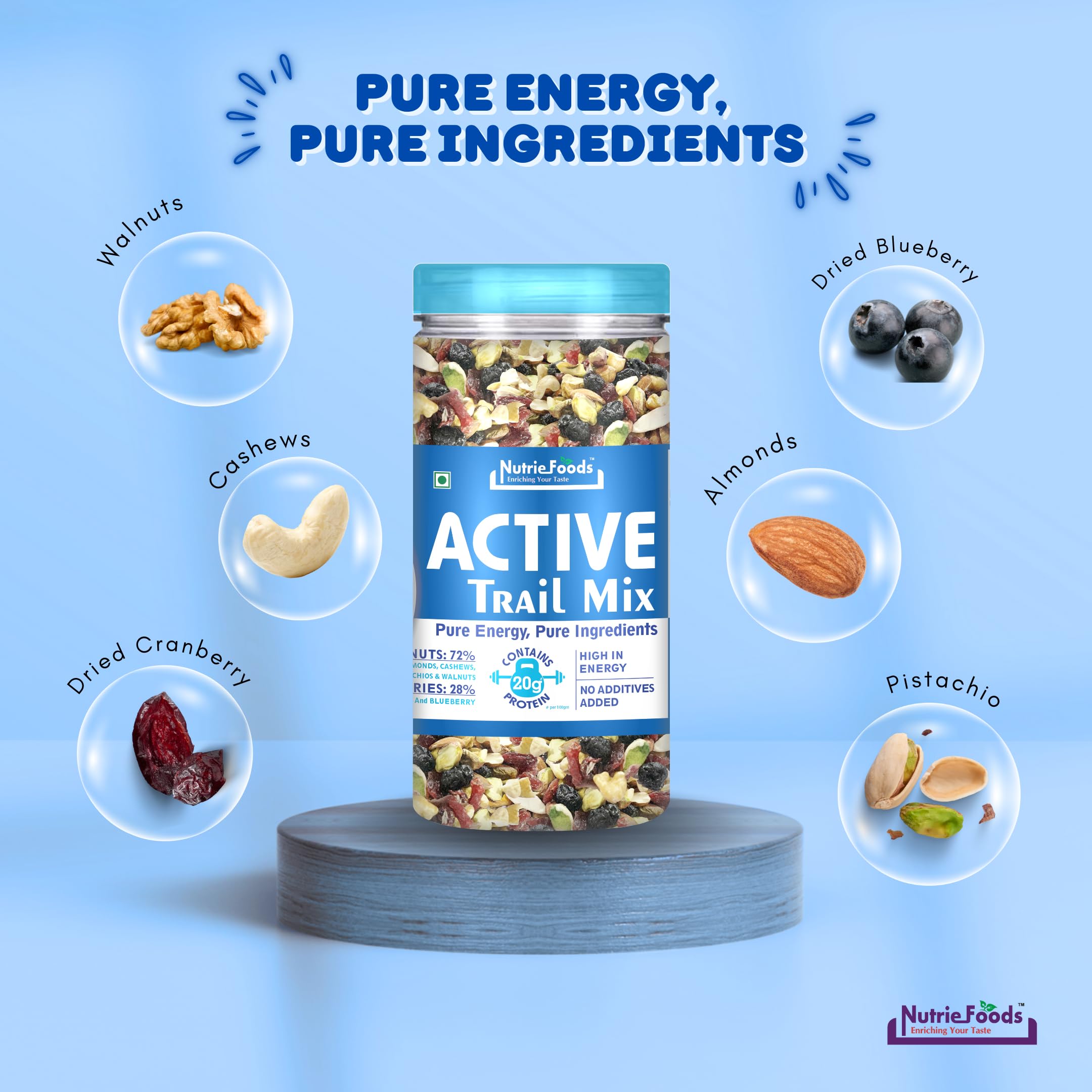Nutriefoods Active Trail Mix (Premium Dryfruit Mix), Almonds, Walnuts, Pistachio, Cashews, Blended With Cranberry & Blueberry, 100% Unprocessed and Pure (150gm)