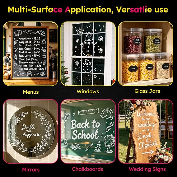 White Liquid Chalk Pens, 3 Tip Sizes (1mm/3mm/6mm Reversible), Easy Wipe for Blackboard, Glass, Window, Includes 45 Black Labels, for School, Christmas & Home Organisation