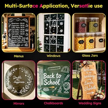 White Liquid Chalk Pens, 3 Tip Sizes (1mm/3mm/6mm Reversible), Easy Wipe for Blackboard, Glass, Window, Includes 45 Black Labels, for School, Christmas & Home Organisation