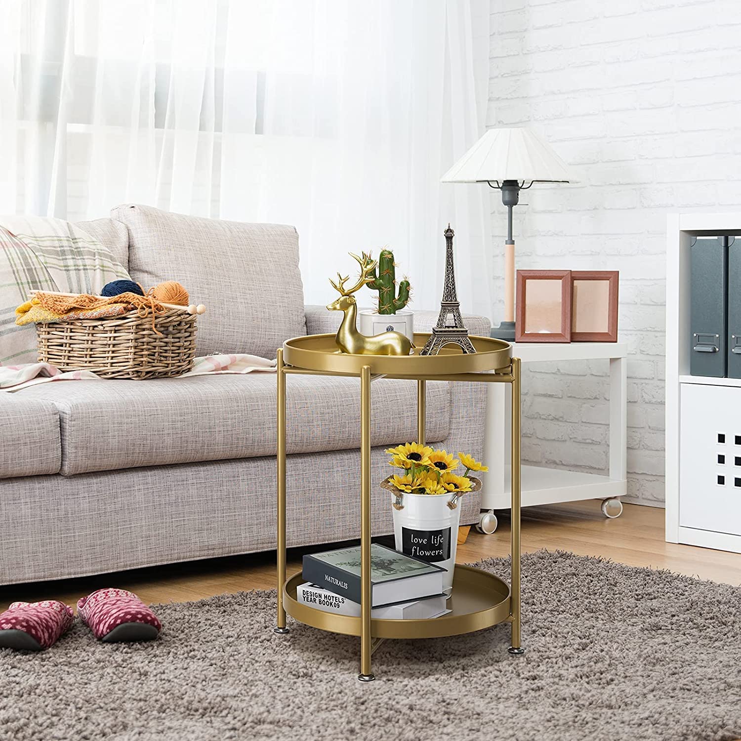 INDIAN DECOR 89203 End Table 2-Tier, Outdoor Side Table Metal Round Side Table with Removable Tray, Small Folding Accent Table, Anti-Rust Nightstand for Bedroom Balcony Patio Living Room (Gold) 4