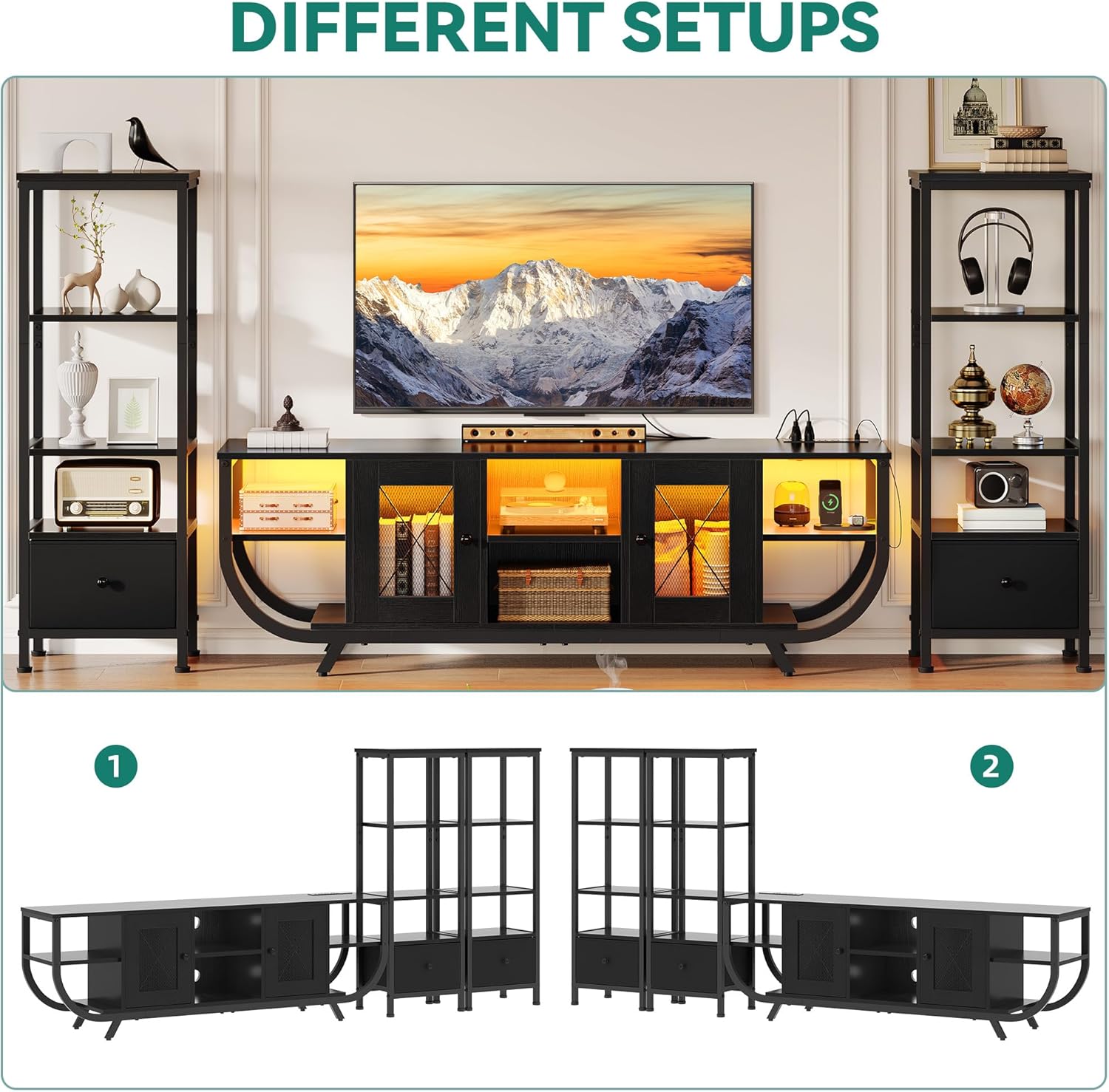 YITAHOME TV Stands for Living Room, LED TV Stand for 65 inch TV Entertainment Center with 2 Bookshelves, Modern Farmhouse TV Console Cabinet with Power Outlets, Black - Image 3