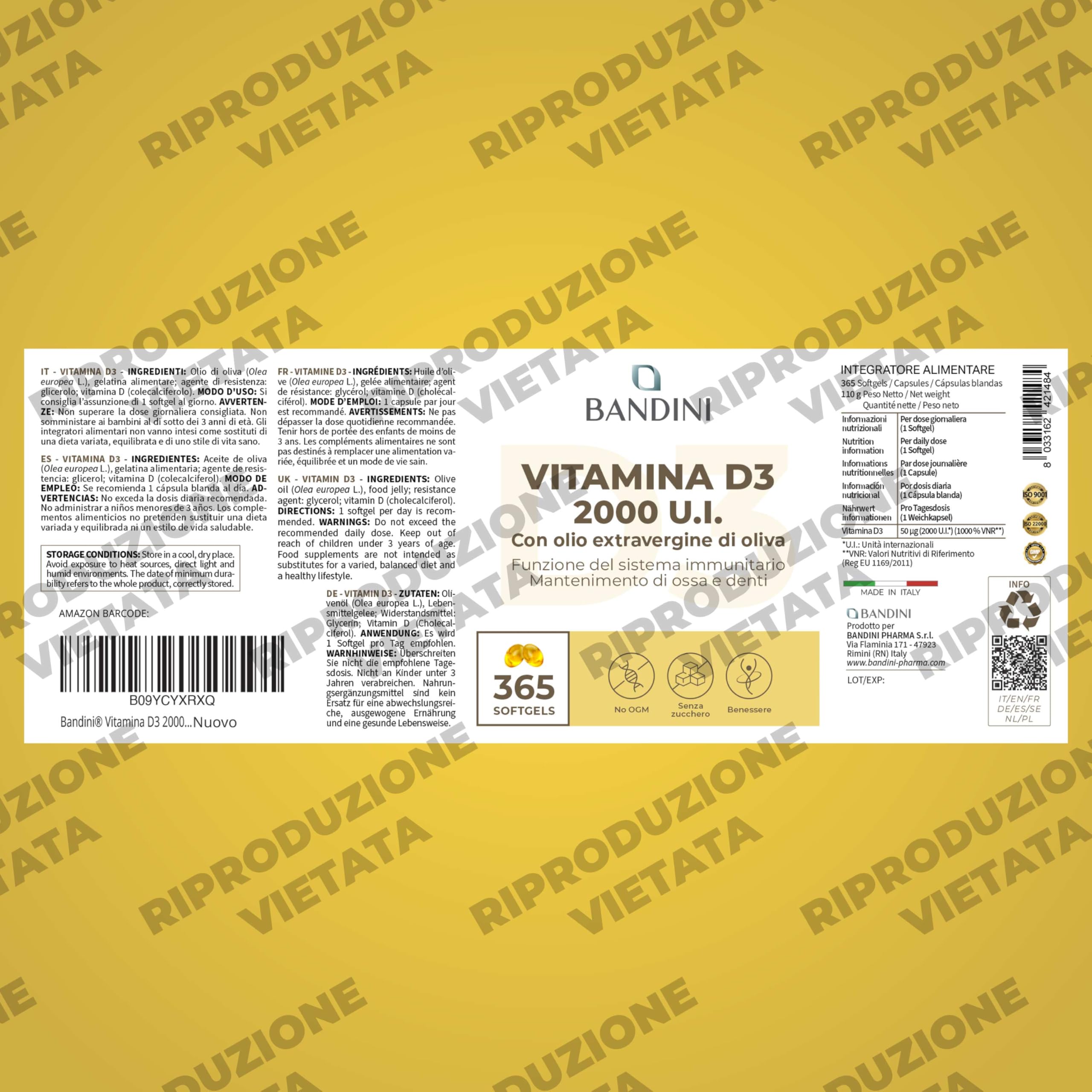 Bandini® Vitamina D3 2000 UI 365 Softgels, Alto Dosaggio 50μg, Vitamine D Colecalciferolo in perle, In Olio Extravergine di Oliva per Assorbimento Ottimale, Ossa, Denti, Muscoli, Sistema immunitario