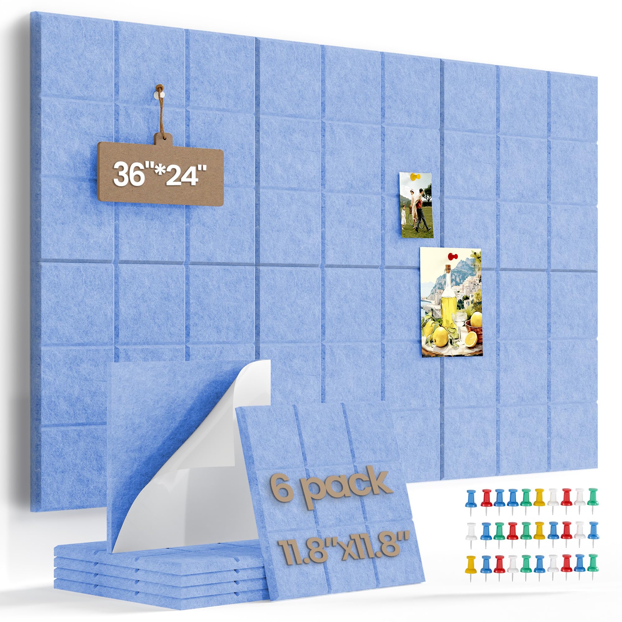 Uoisaiko Large Cork Board Felt Board Tiles for Walls with 30 Push Pins, 11.8"x11.8" Pack of 6 Pin Board Notice Boards for Home Office Kitchen,