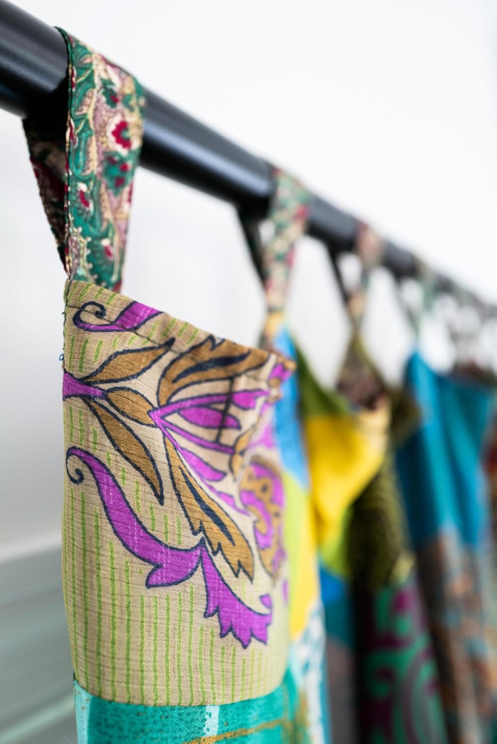 Bohemian Patchwork Curtains, Sari Fabric, One of a Kind Colorful Window Drapes (Green)
