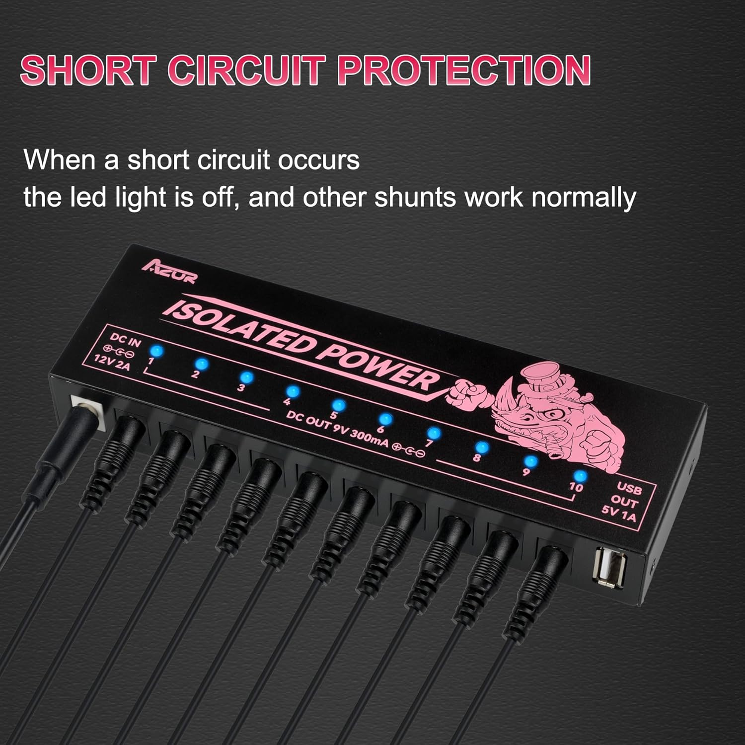 AZOR Professional 12v power supply for guitar pedals with 10 isolated Outputs - 9v power supply Compatible, Overcurrent Protection, low noise and Heat Dissipation