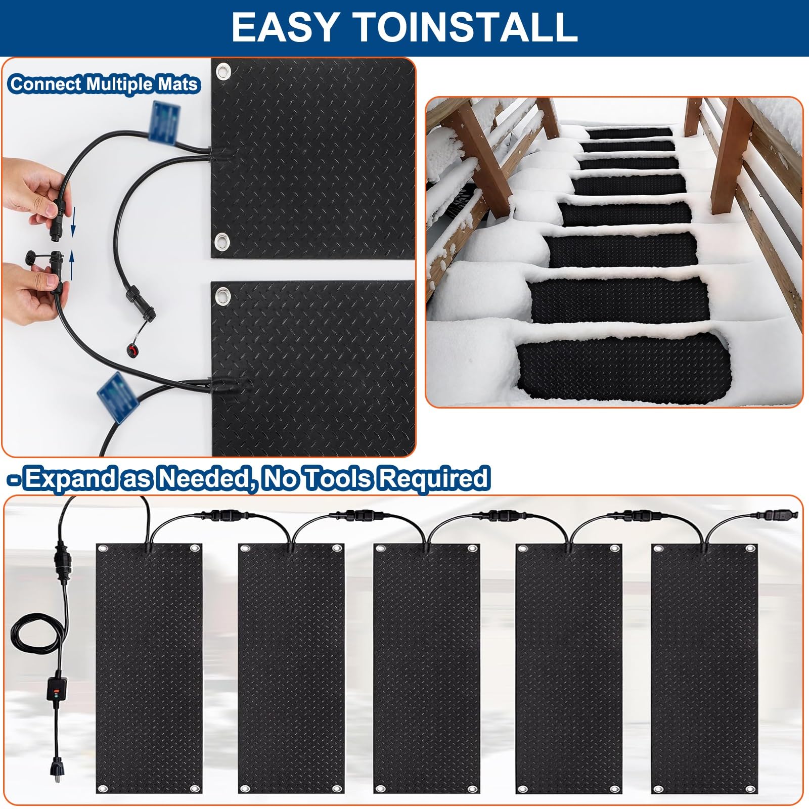 Lot de 4 tapis de fonte de neige pour extérieur, tapis d'escalier chauffant en caoutchouc antidérapant, tapis électrique pour déneigement d'hiver, tapis chauffant d'extérieur (4 pièces, 25,4 x