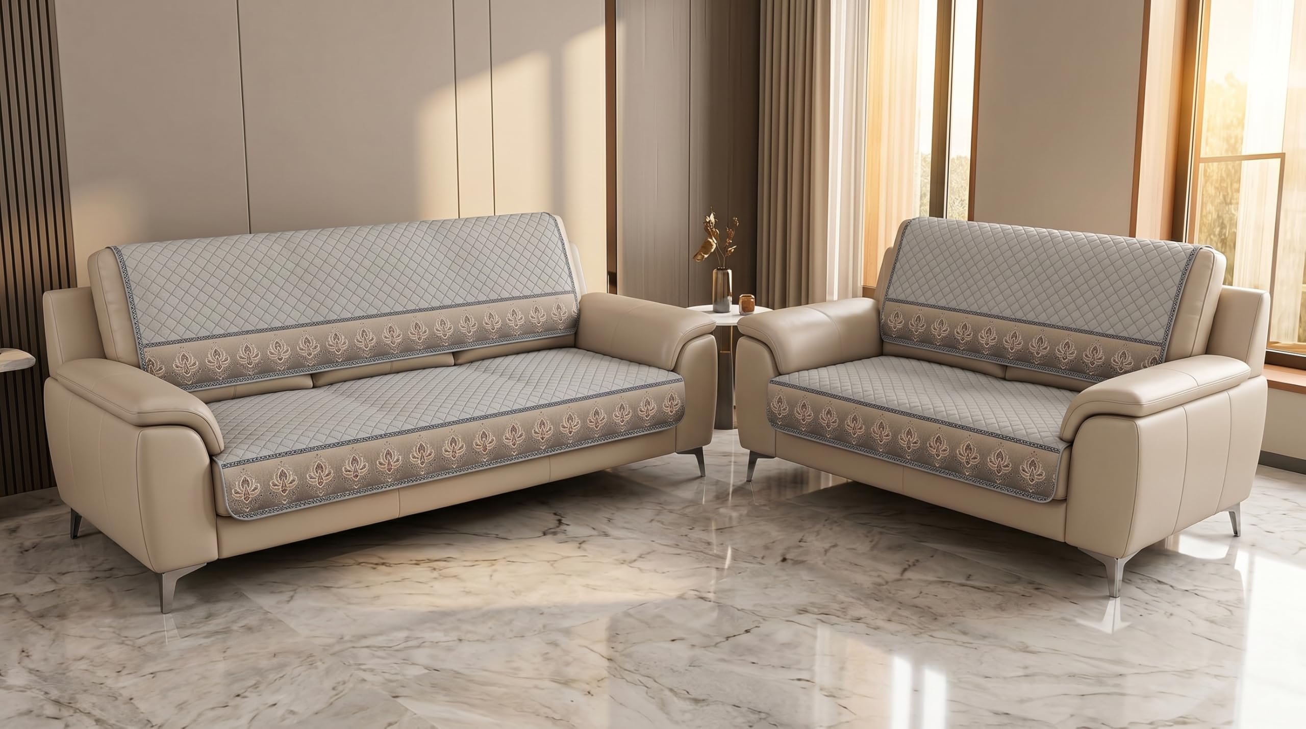Sofa Covers 3 Seater and 2 Seater Combo (3+2 Set) - Stone Banarasi Buti Traditional Heritage Quilted with Smart Anti-Slip Pipe-image-26
