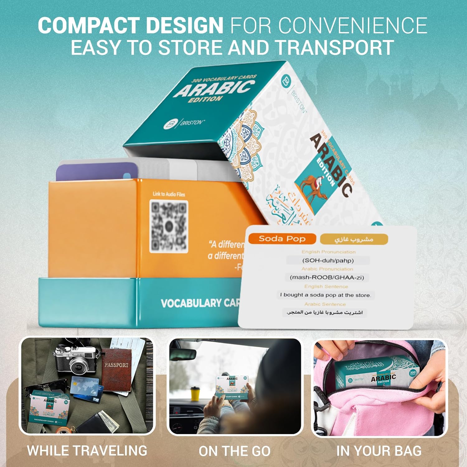 Arabic Vocabulary Flash Cards for Beginners – 300 Illustrated Words with English Translation, Pronunciation & Sentences – Audio, Laminated 350 GSM Study Cards for Kids, Students, Adults – Briston - Image 6