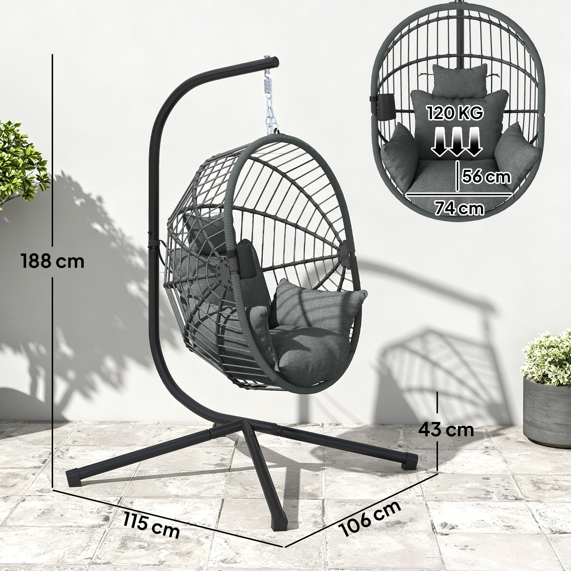 Outsunny Silla Colgante Huevo con Soporte Columpio Jardín Exterior con Cesta Plegable Cojín y Reposacabezas Columpio Colgante para Interior y Exterior Carga 120 kg Gris