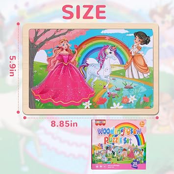 Wooden Jigsaw Puzzles for Preschool Kids Ages 3-5, 4-Pack with 20 Pieces Unicorn Princess Wood Puzzles Set, Preschool Gifts for Boys Girls Ages 3 4 5 6