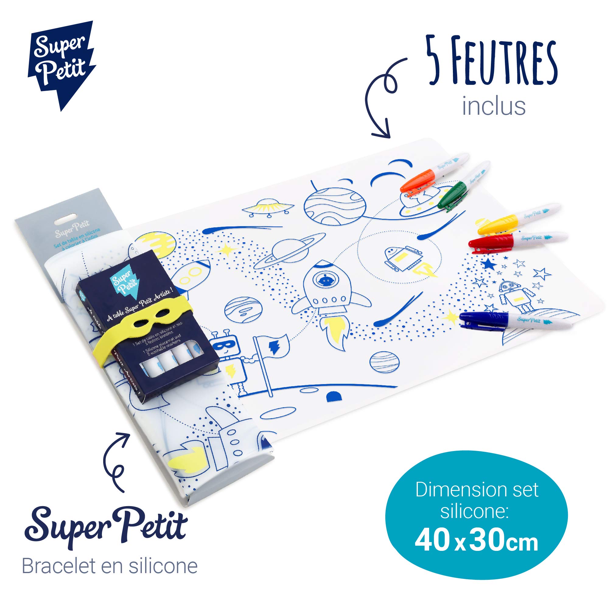 SUPER PETIT, Colouring Placemat, Space, 5 Felt-Tip Pens & Bracelet Included, Easy to Clean, Reusable, Antibacterial - Image 2