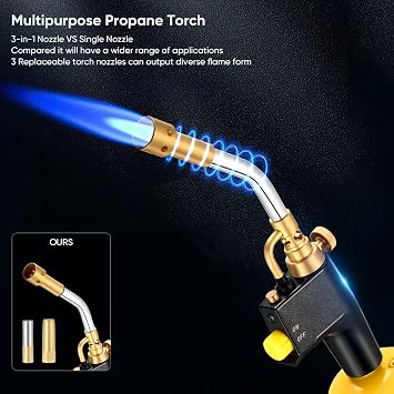 Propane Torch Head with 3 Nozzles, Trigger Start Ignition for High Intensity Welding, Soldering, Cooking (Gas Tank Not Included)