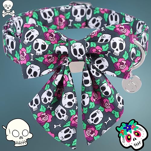 Miniatura 2 de DOGWONG Collar de perro fantasma de Halloween con corbatín de marinero, collar de perro de calavera rosa para Halloween, duradero y suave, collar de