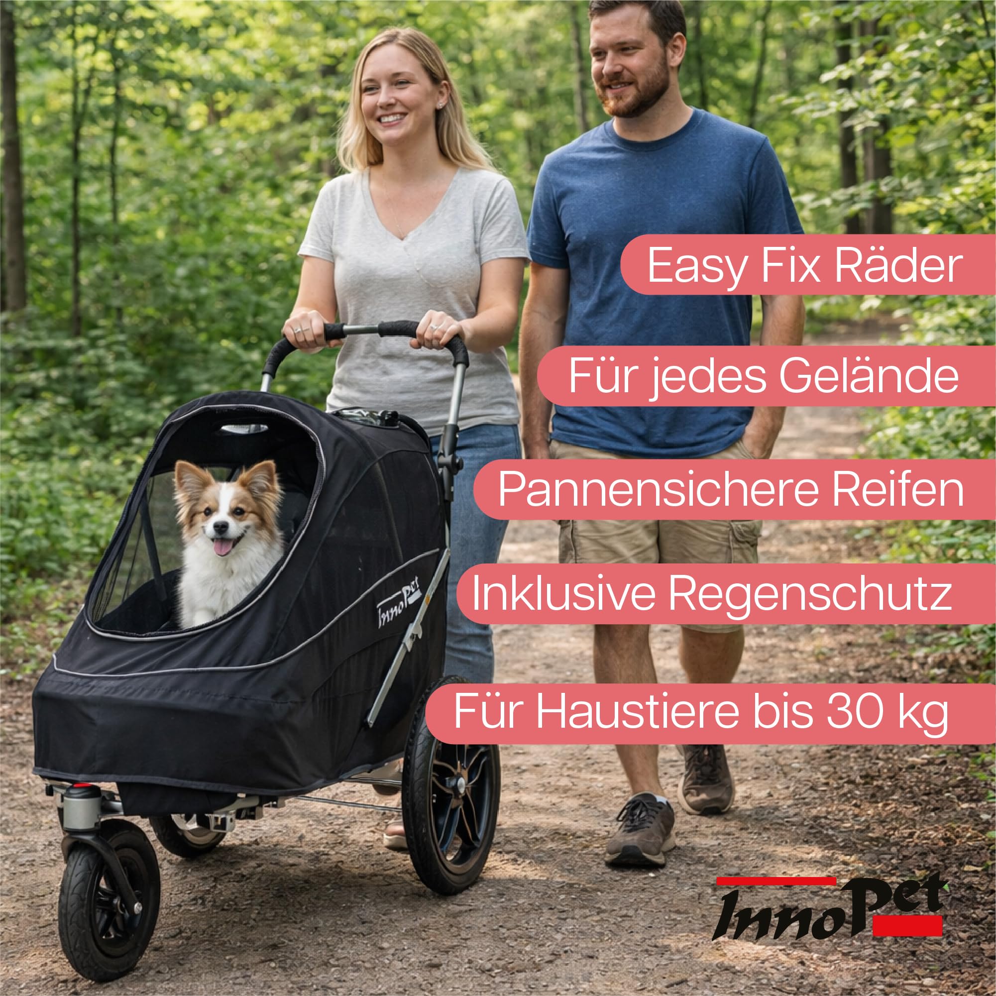 InnoPet Sporty EVR Hundebuggy Hundewagen Trailer - für jedes Gelände - robuste Gummiräder wie Luftreifen - plattfußfrei inkl. Regenhaube - schwarz
