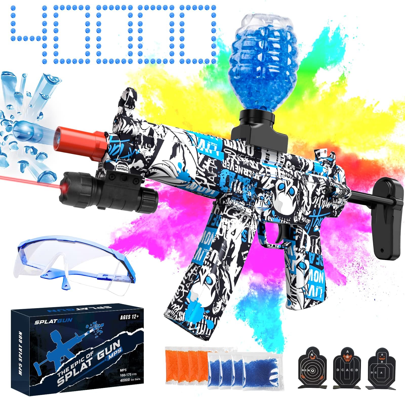 splat gunElectric Gel Ball Blaster Gun, with 40000 Gel Ball, Automatic Gel Ball Blaster, 10cm Extenable Stock, Suitable Adults and Kids Outdoor Team Shooting Game (Blue)