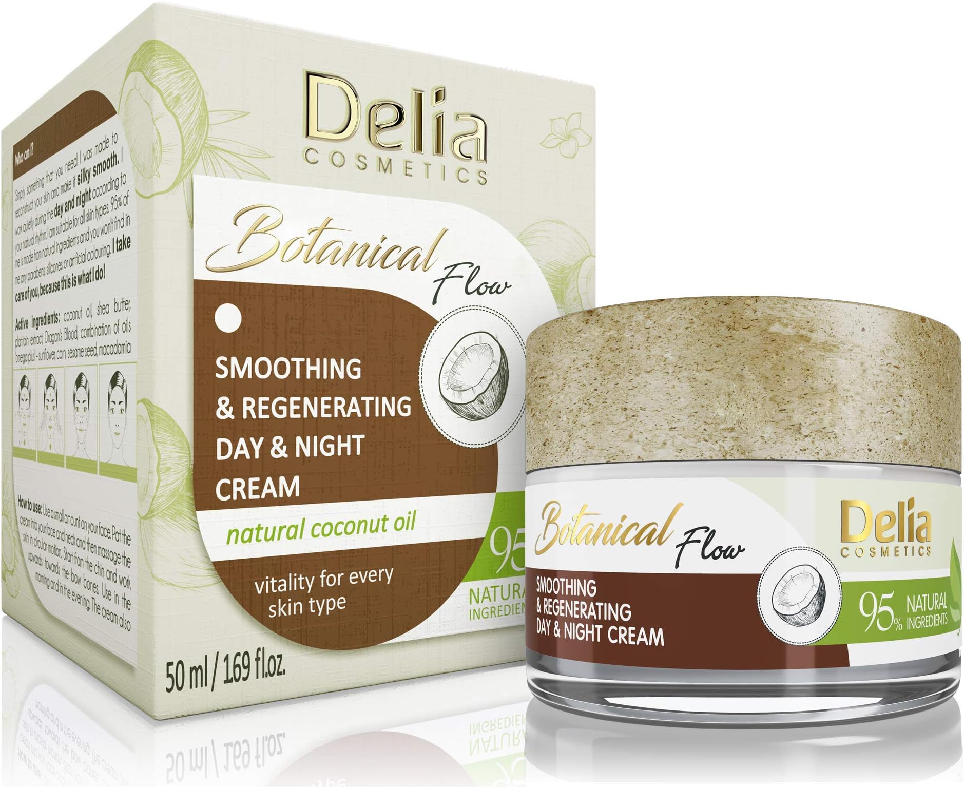 Smoothing and regenerating Day & Night Face Cream with Coconut Oil 95% Natural Ingredients