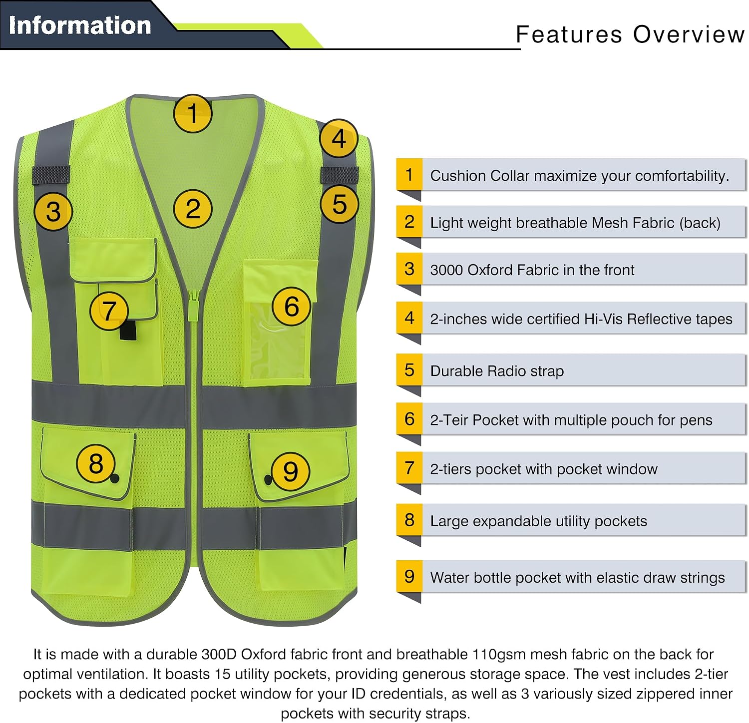 High Visibility Reflective Safety Vest | ANSI Class 2 Hi Vis Construction Work Vest with Multi Pockets, Breathable Mesh Reflective Vest for Men Women