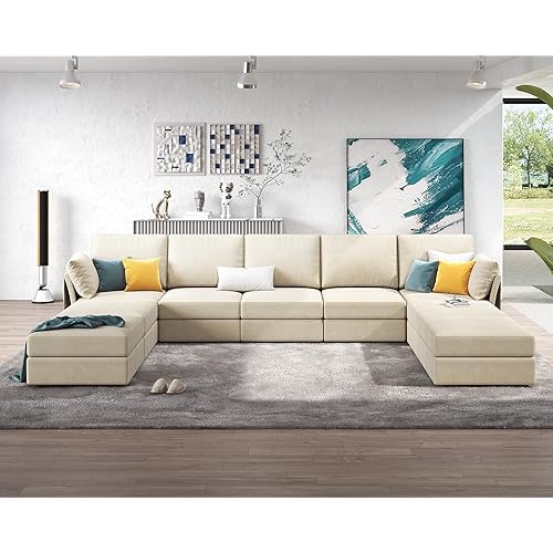 VanAcc 151 Inches Modular Sectional Sofa, Oversized Sectional Sofa with Storage, Ottomans, 9 Seats U Shaped Couch with Chaise- Chenille Beige Couch