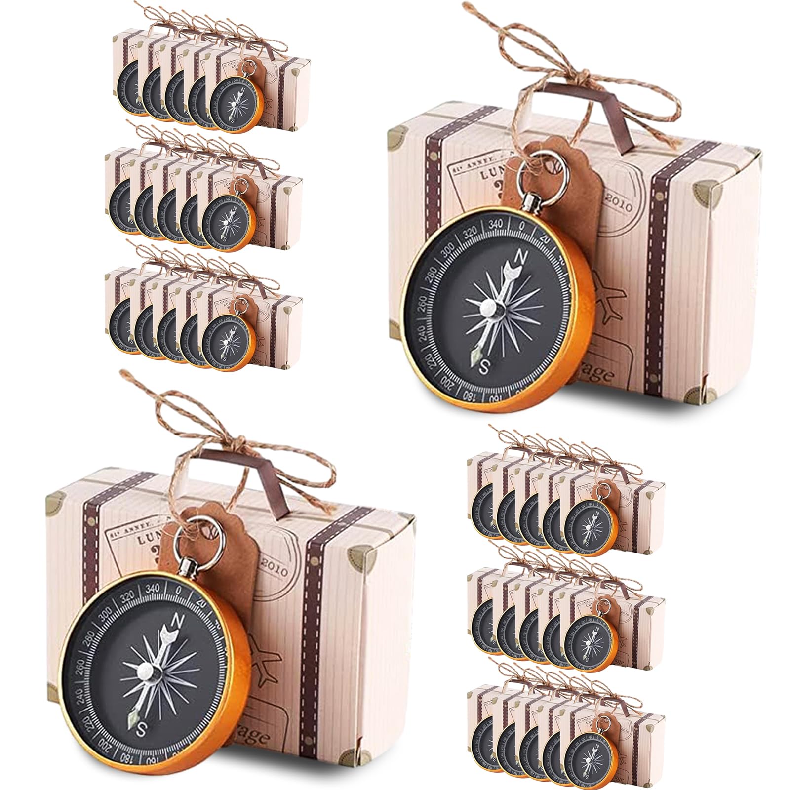30 mini brújula + mini maleta, caja de caramelos, temática creativa para invitados con etiquetas de papel kraft y cordel de yute, bodas, viajes, decoraciones de fiesta temática náutica, adornos de