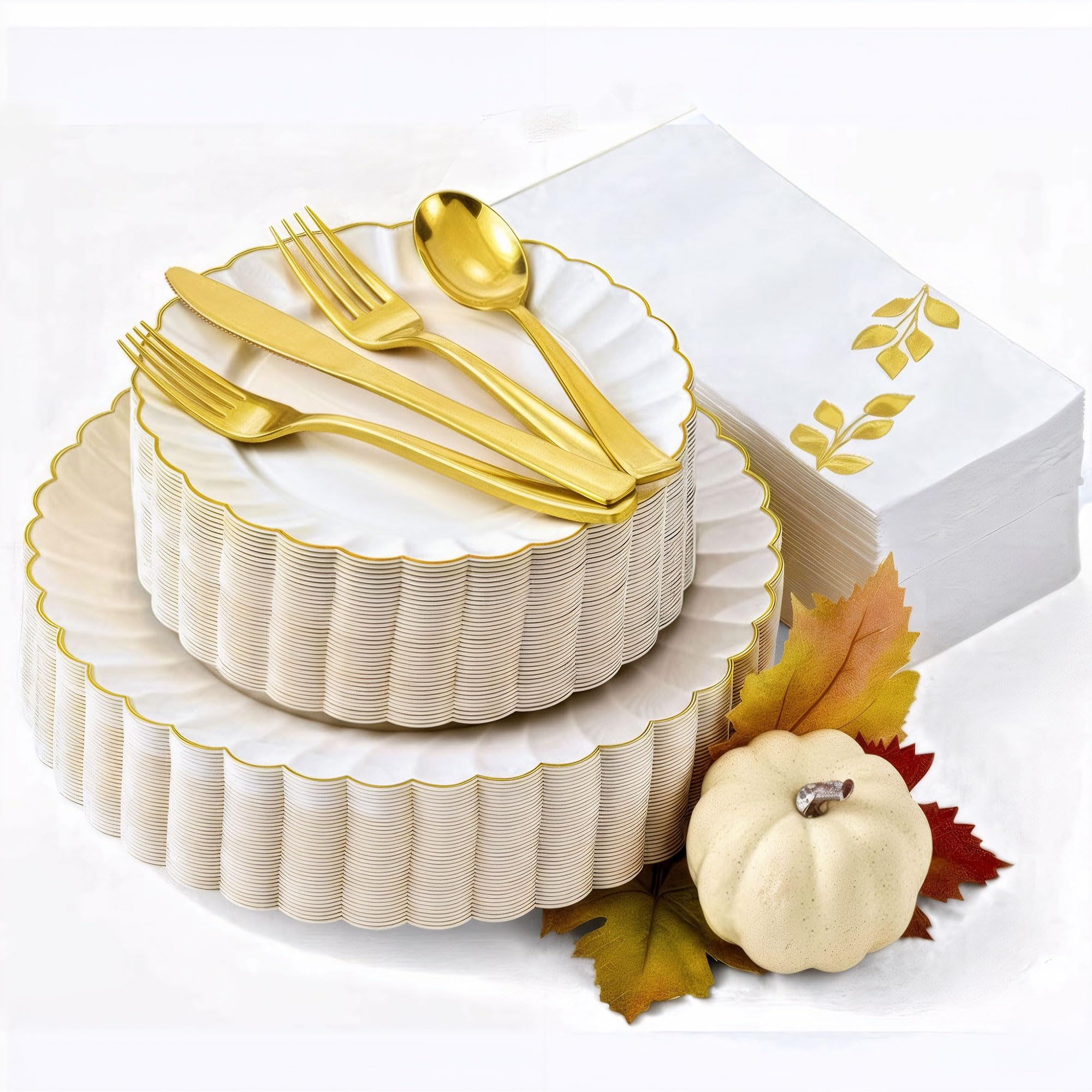 By Madee HIGH END 175 Pc Thanksgiving Plates and Napkins Sets - Ivory Scalloped Plates with Gold Trim Disposable Dinnerware Set for Fall, Friendsgiving Holidays (25 Guests)