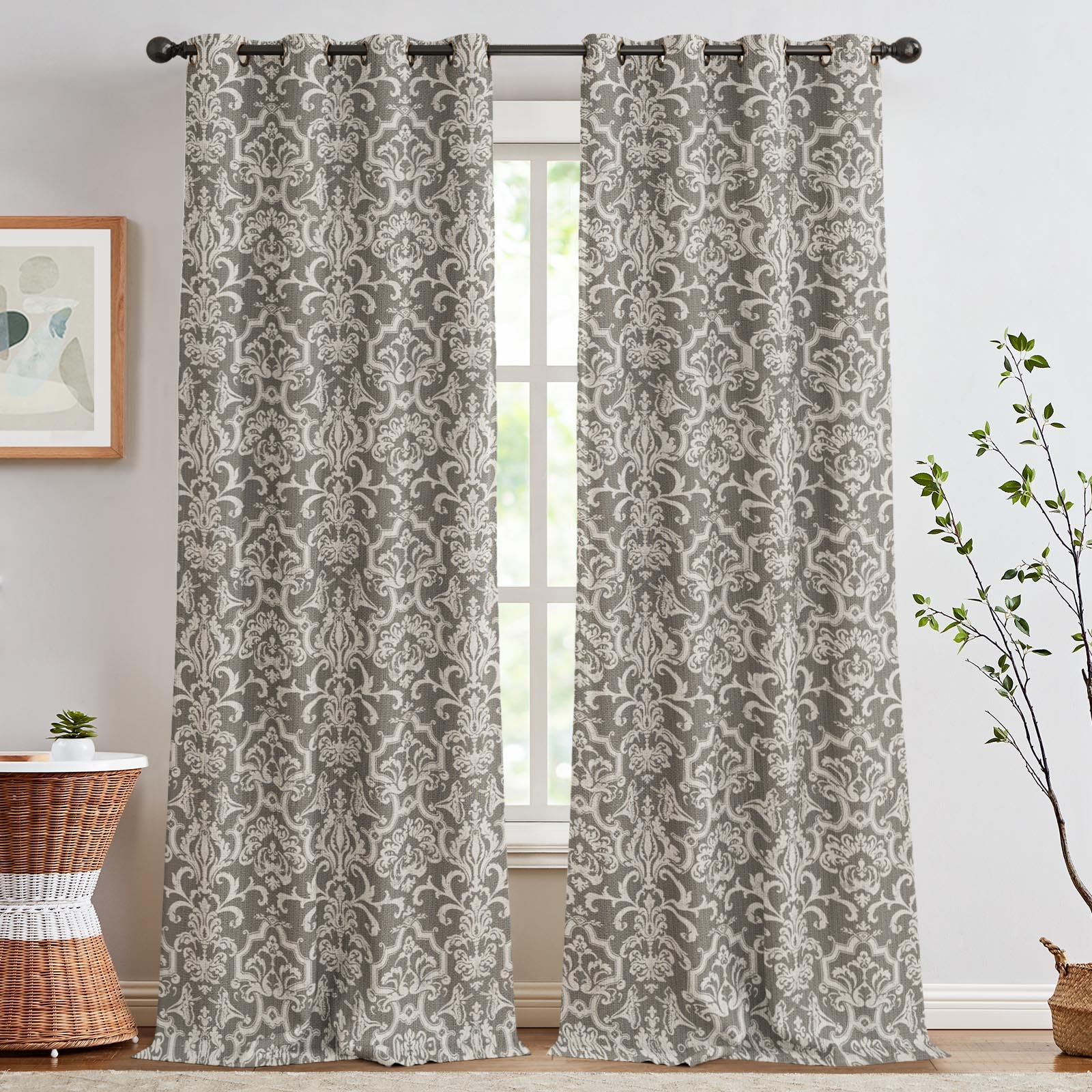 jinchan Room Darkening Curtains for Bedroom Grey Damask Patterned Curtains 96 Inch Length for Living Room Linen Textured Vintage 8FT Long Drapes