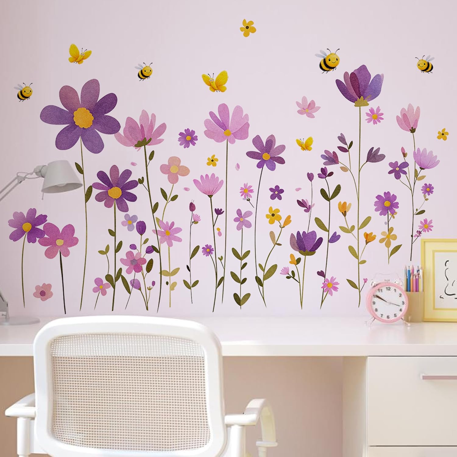 Watercolor Wildflower Wall Stickers, Boho Floral Decals with Daisies Butterflies Grass, Peel and Stick Botanical Wall Art for Bedroom Living Room Sofa TV Background Home Decor