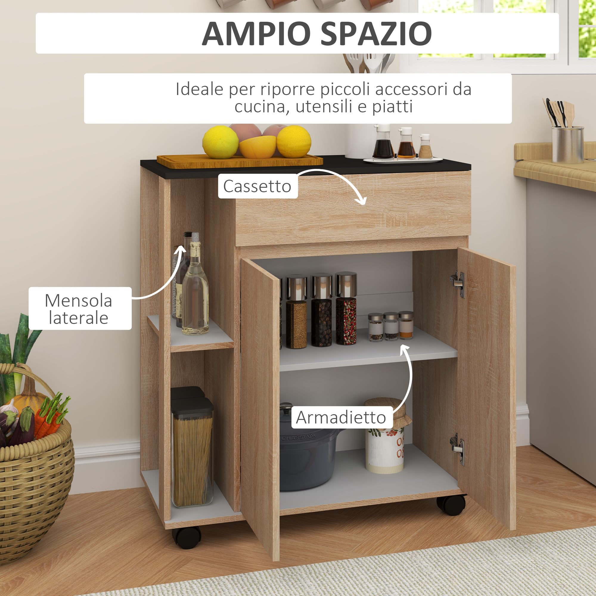 HOMCOM Carrello Cucina, Isola Cucina con Cassetto, Armadietto, 2 Ripiani Laterali e Ripiani Regolabili, Carrello Portaoggetti Multiuso in Legno, 78x39.5x88.5 cm, Nero e Rovere