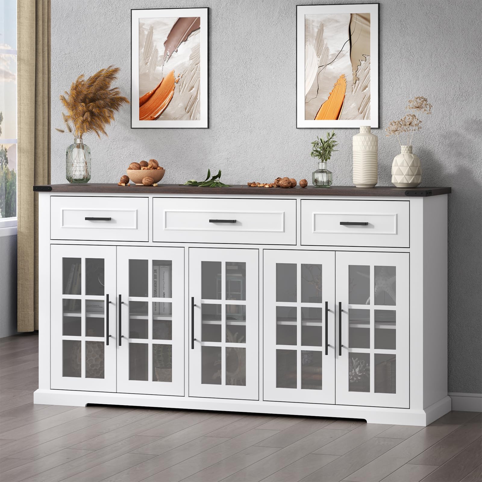 Gyfimoie 63" Sideboard Buffet Cabinet with Glass Doors, Farmhouse Large Buffet Table with 3 Storage Drawers, Modern Coffee Bar Wine Bar Cabinet with Adjustable Shelves for Kitchen, Dining Room, White