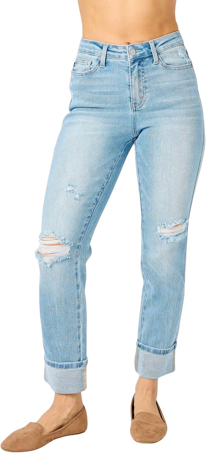 Judy Blue Women's Mid-Rise Americana Flag Cuff Boyfriend Jeans