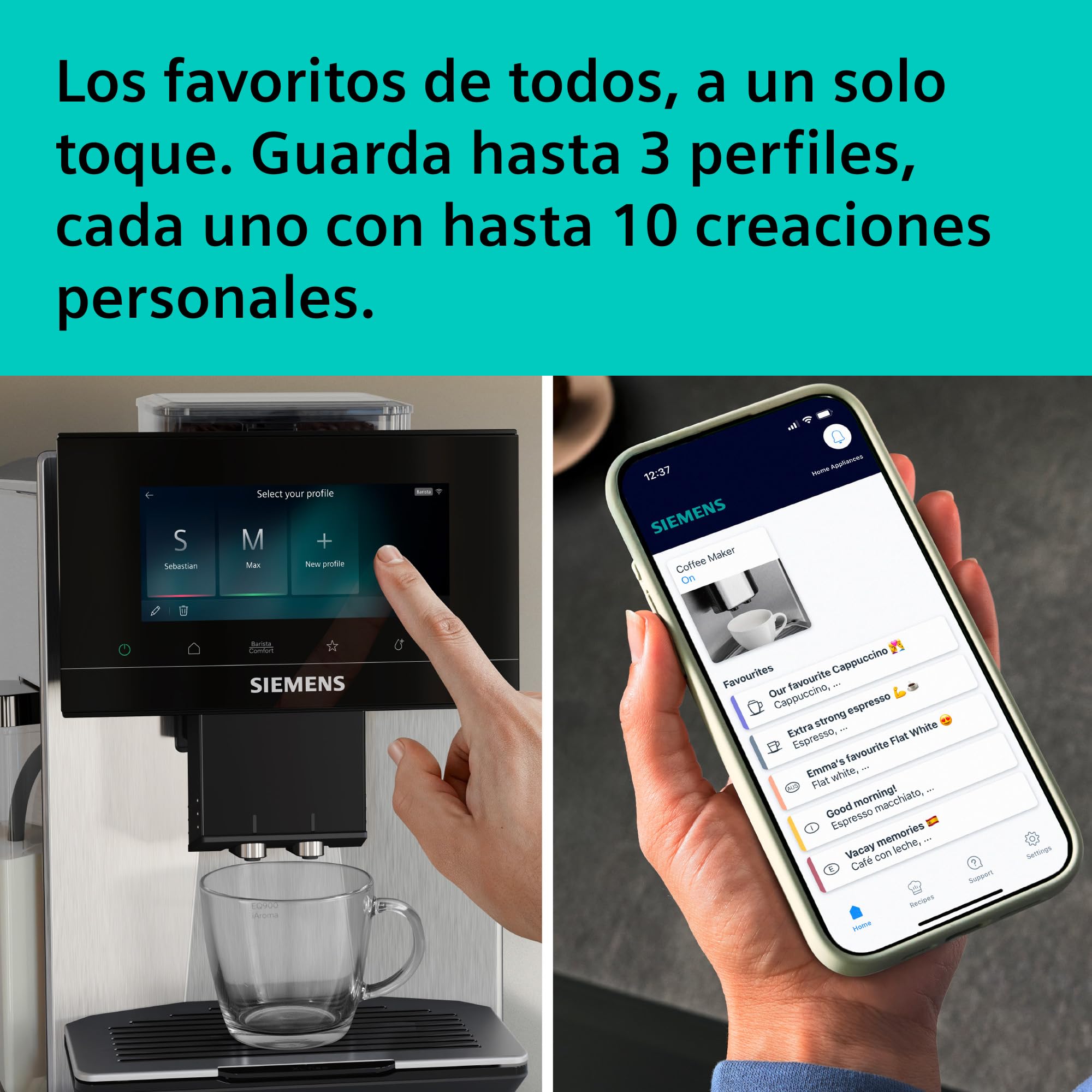 SIEMENS, cafetera superautomática, EQ900 iAroma, sabores personalizados, molienda precisa, pantalla grande para uso intuitivo, cafés personalizados, acero inoxidable, TQ923E03