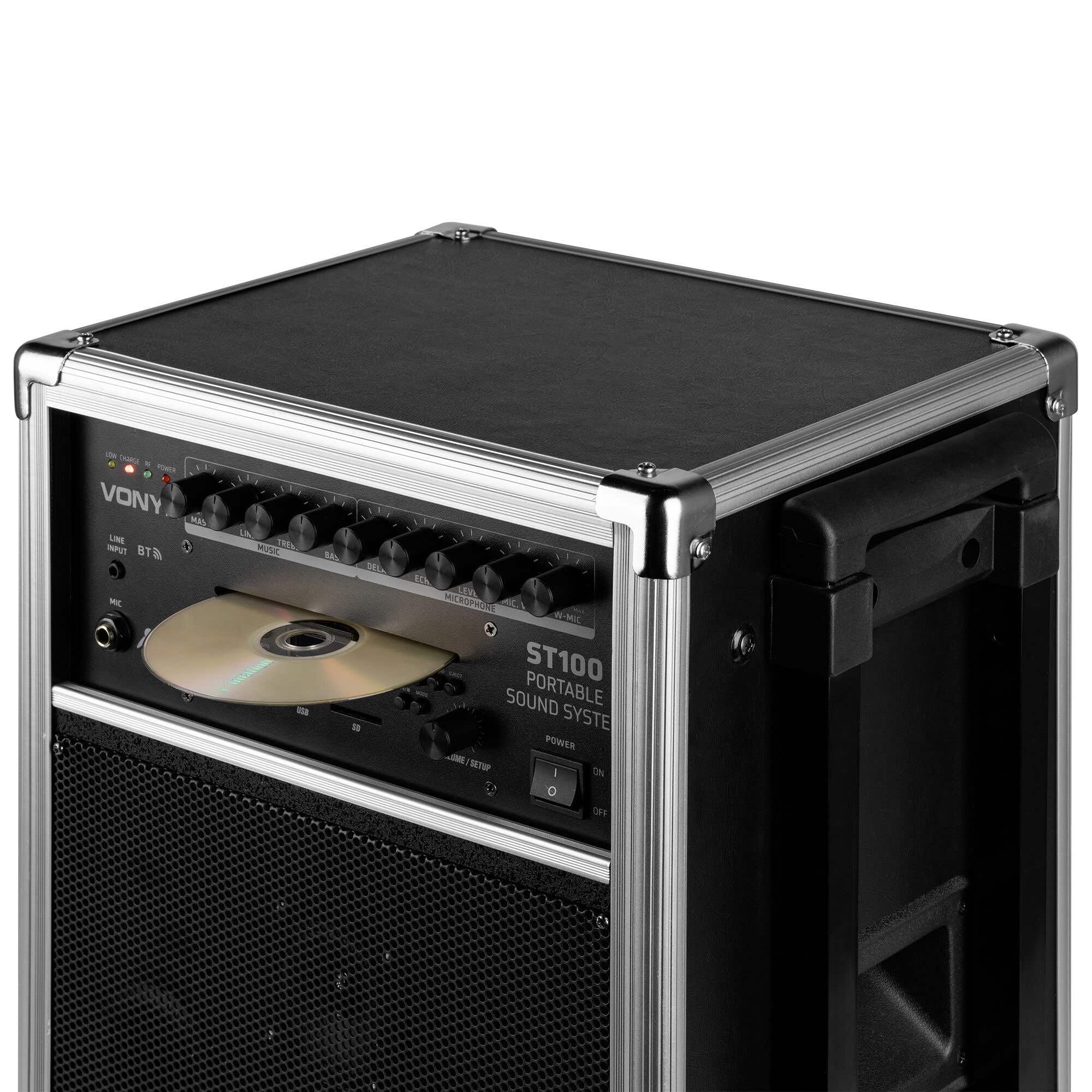 Vonyx ST100 Mobiler Akkulautsprecher mit 2 drahtlosen UHF-Mikrofonen, 1 kabelgebundenem Mikrofon, Bluetooth, USB- und SD-Anschluss, CD-Player und Fernbedienung