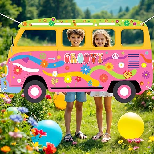 Miniatura 3 de Gran accesorio de fotos en forma de autobús hippie de los años 60 y 70, decoración de fiesta de tela retro para furgoneta, cartel hippie para fotos