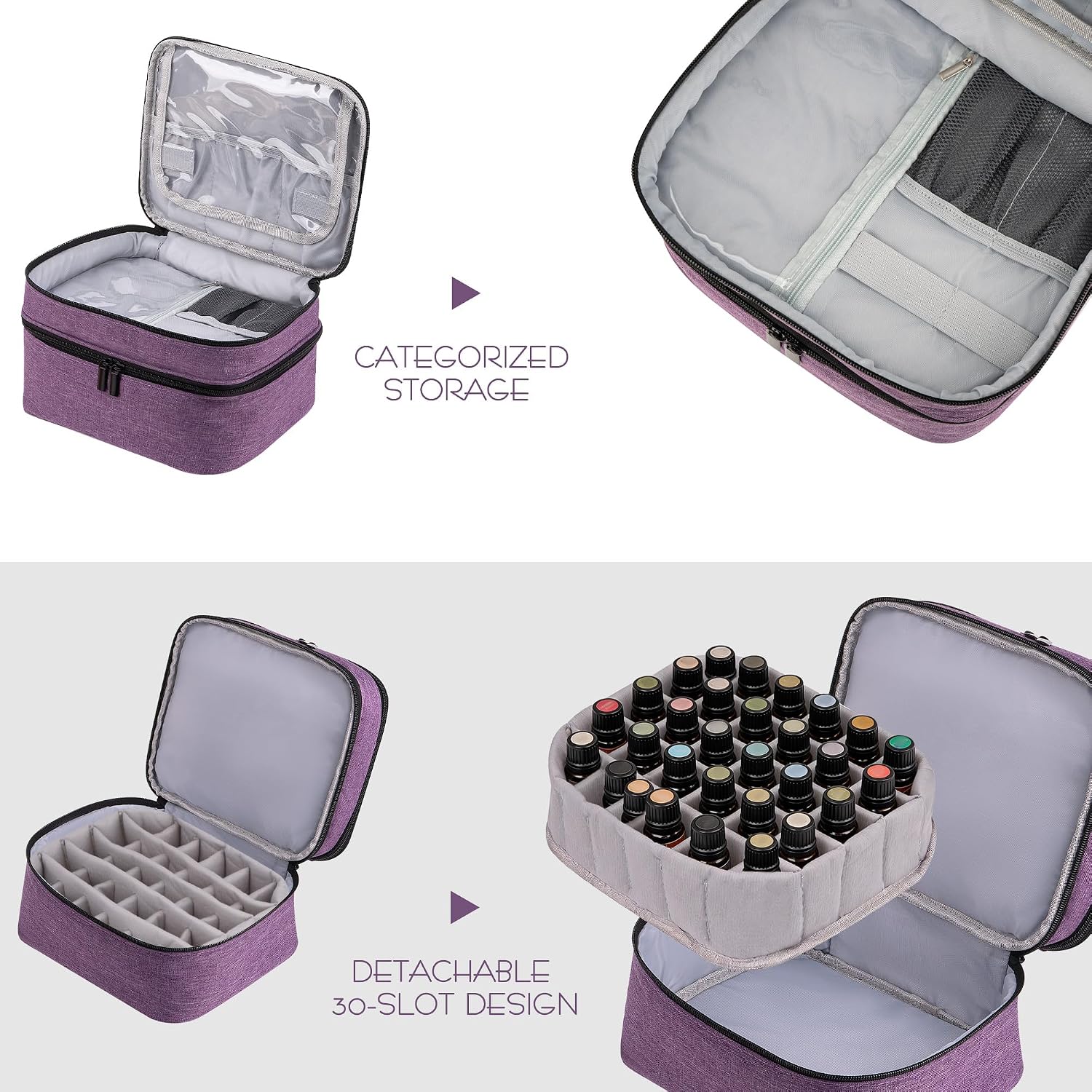 SHIDOW Essential Oil Carrying Case with Foam Insert, Double-Layer Oxford Fabric Travel Organizer for 5ml–30ml Bottles, Purple, 1-Pack