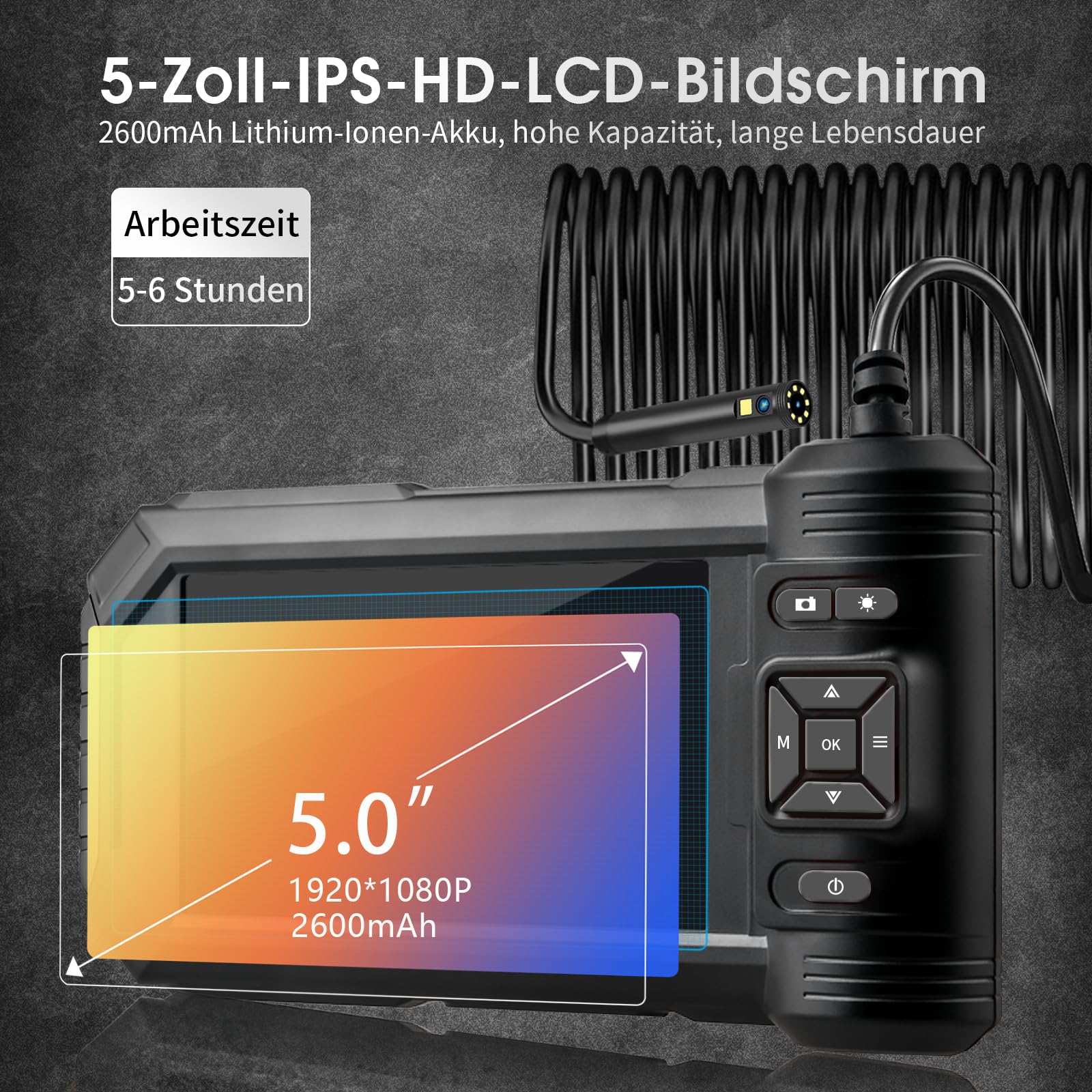 kamera endoskopowa ze światłem, 10M endoskop z podwójnym obiektywem, 5,0-calowy ekran IPS, kamera inspekcyjna, 7,9mm kamera rurowa z 8+1 regulowanymi diodami LED, wodoodporna przemysłowa kamera