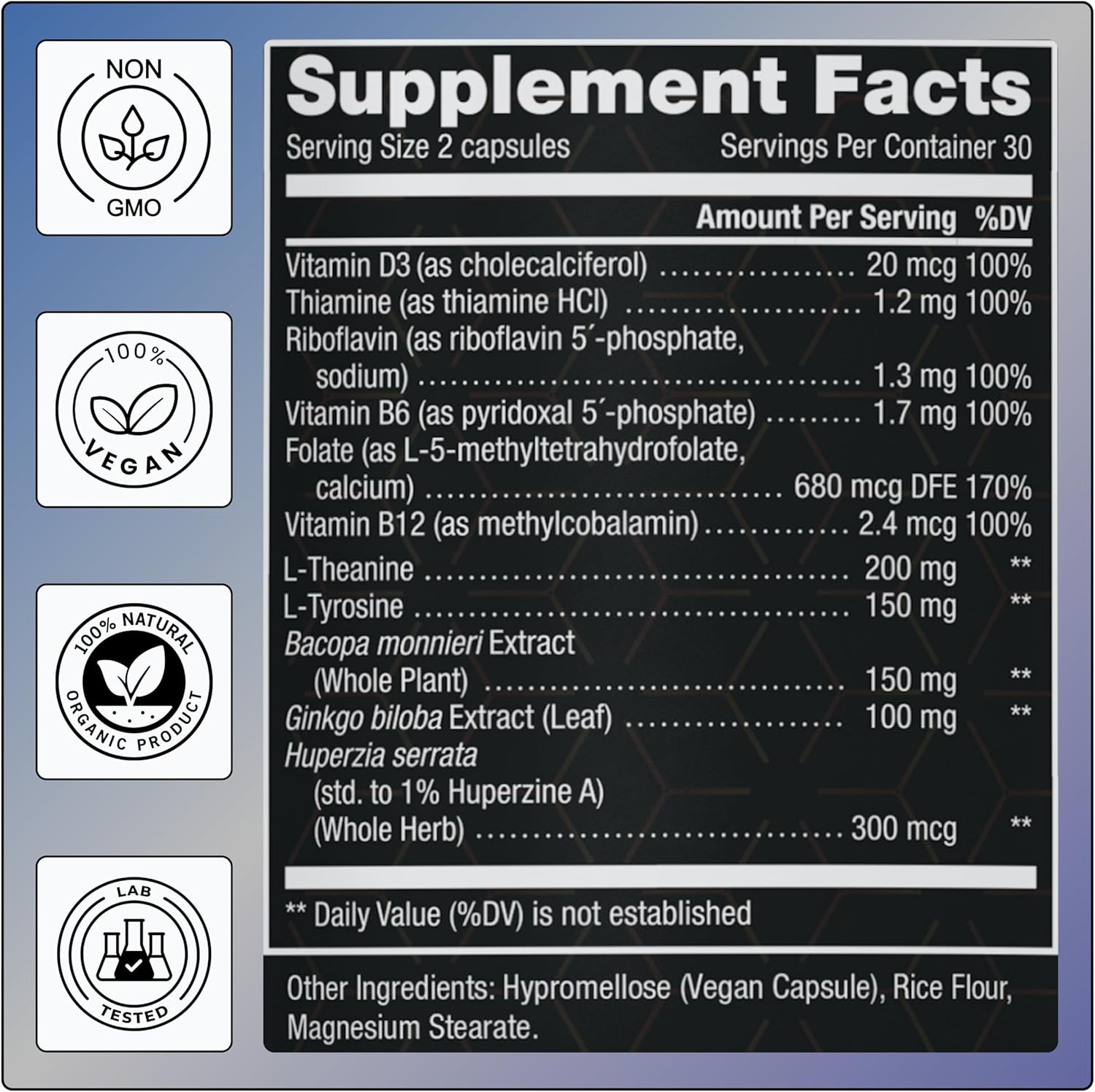 11-in-1 Methylated B-Complex Supplement: 680mcg L-Methylfolate(5-MTHF) Thiamine(B1) Riboflavin(B2) Pyridoxal(B6) Methylcobalamin(B12) - Vitamin D3 + Nootropics - 1,100mg+ Serving - 60 Count