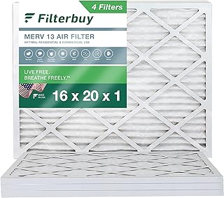 Filterbuy 16x20x1 Air Filter MERV 13 Optimal Defense (4-Pack), Pleated HVAC AC Furnace Air Filters Replacement (Actual Size: 15.50 x 19.50 x 0.75 Inches)